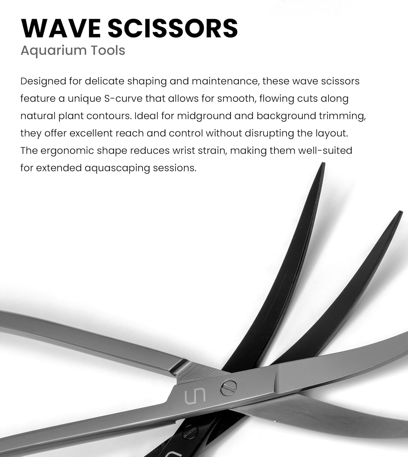 UNS Aquascaping Tools - Stainless Steel, Rust Resistant, Freshwater Planted Tank, Saltwater Reef Aquarium Maintenance Accessory - Trimming Stems & Carpets, Coral Cutting - Wave Scissors, Grey