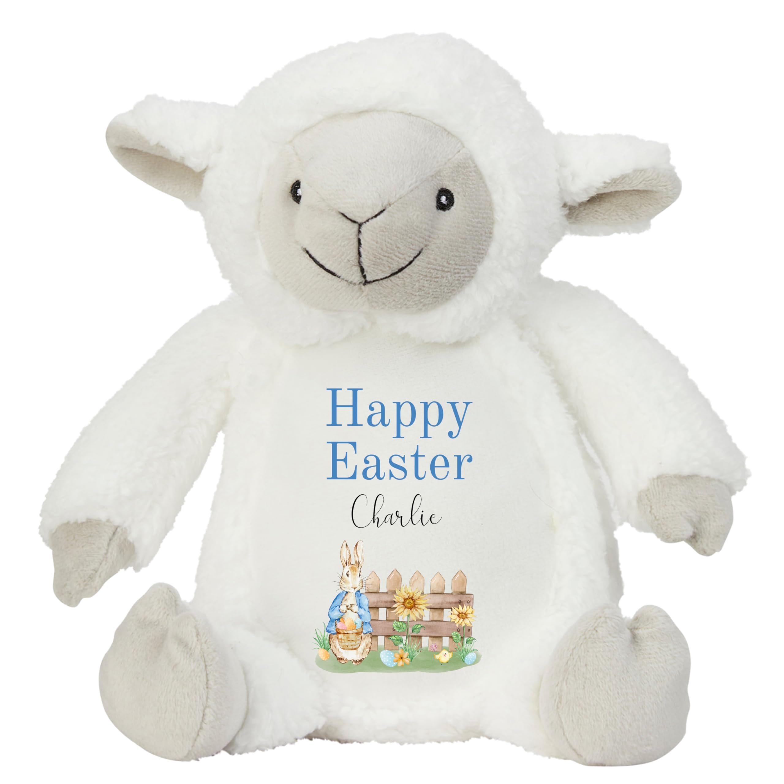 HotScamp Personalised Easter Bunny with Name - Rabbit Happy Easter Blue - Soft Toy for Baby, Toddler, Children, Kids, Babies Spring Time - Blue Letter White Sheep Lamb — image 1
