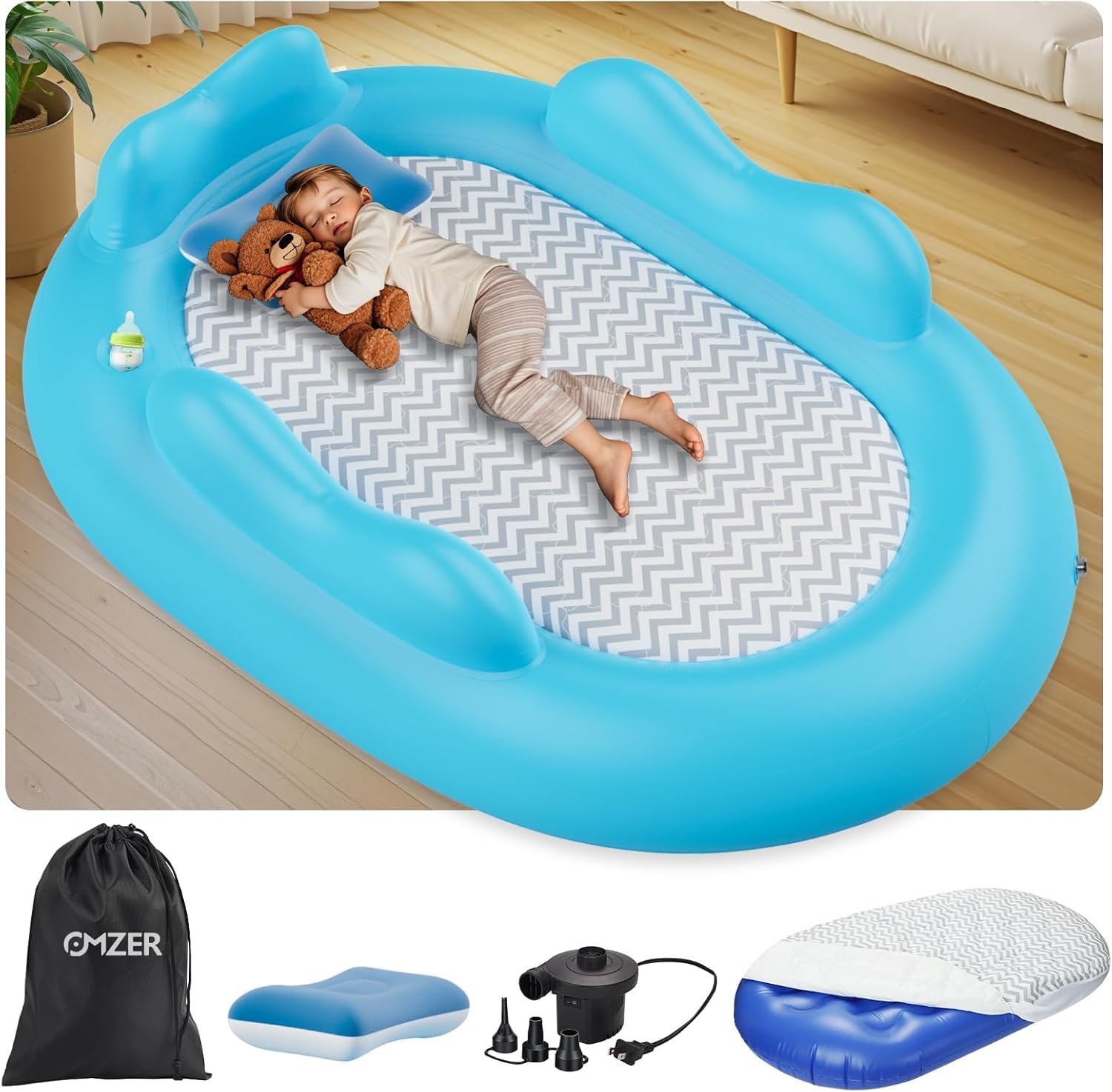 Inflatable Toddler Travel Bed - Toddler Blow Up Mattress with 3 Sides Bumpers - Kids Air Mattress with High-Speed Pump & Carry Case Easy to Inflate -Blue - 2