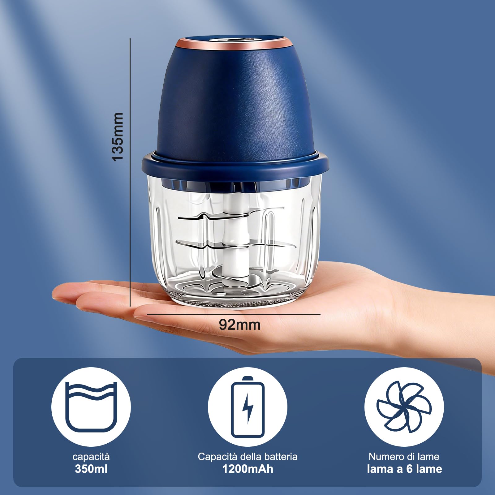 Tritatutto cipolla, tritatutto cucina, 350 ml, 6 lame in acciaio inox, con cavo di ricarica di tipo C per la cucina domestica e per le gite in campeggio, adatto per tritare carne, cipolle, peperoni