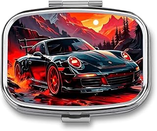 Sunset Sports Car Square Pill Box with 2 Compartment & Mirror | Travel Portable Medicine Organizer for Pocket Purse, Metal Small Pill Case Container for Vitamin, Fish Oil, Supplement