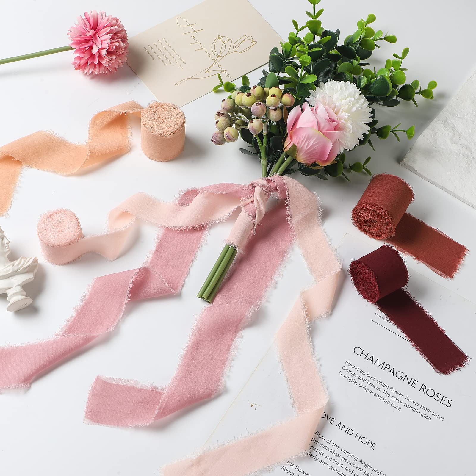 4 Rollen Handgefertigtes Fransen-Chiffonband – Je 3,8 Cm Breit, 4,5 M Lang, Rosa & Creme