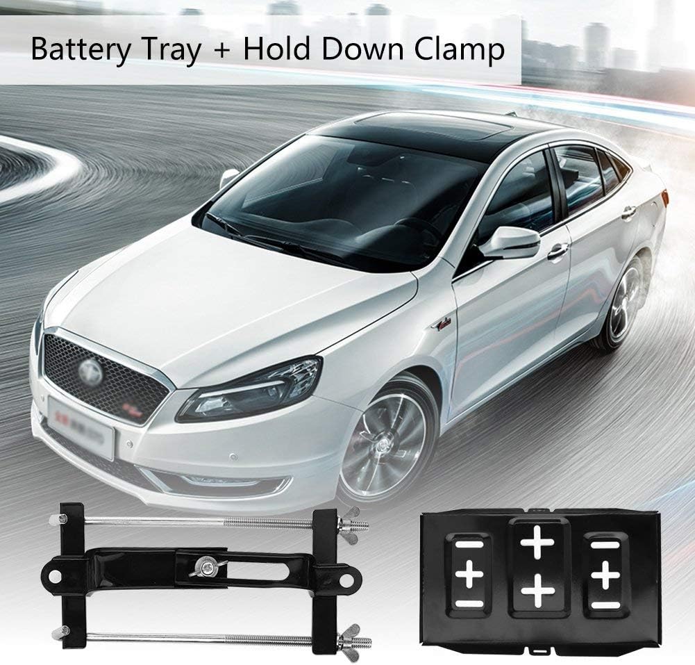 Battery tray and clamp installed in a car engine bay