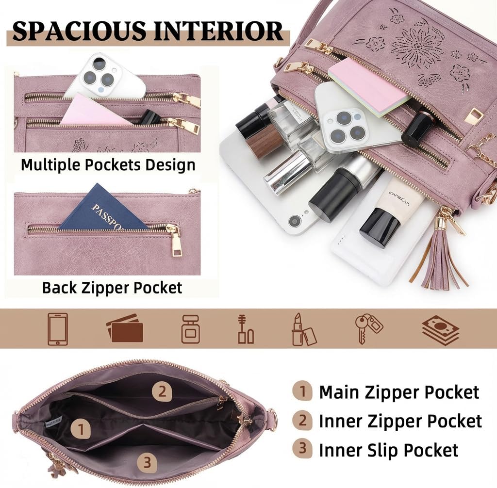Crossbody Bags for Women,Vegan Leather Purse with Tassel Multi Pocket Travel Shoulder Handbags - Image 4