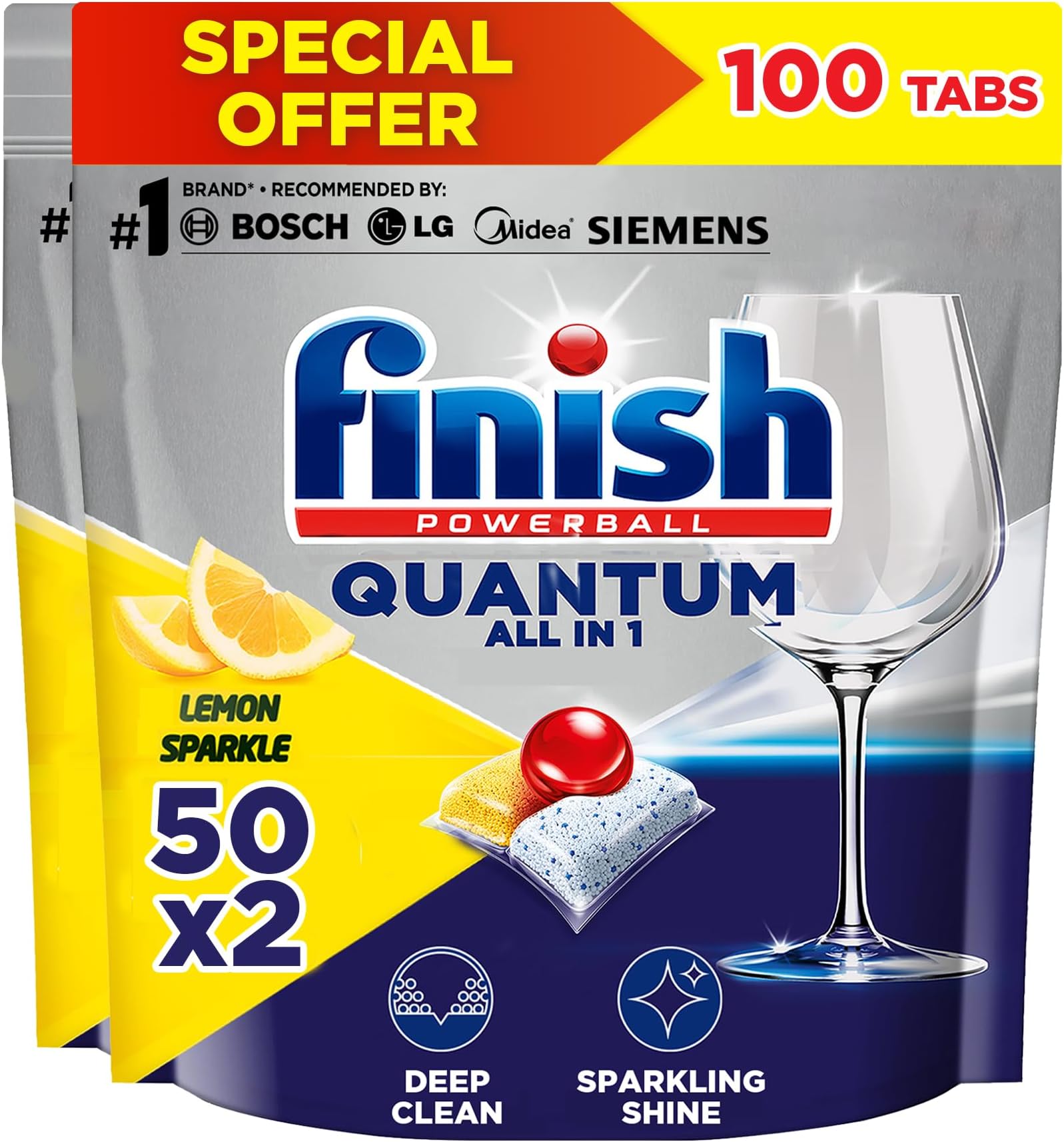 Powerball Quantum Dishwasher Detergent, Lemon Sparkle Scent, 50 x 2 Tabs