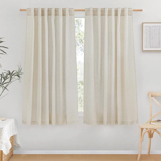 NICETOWN NICETOWN Natural Linen Curtains & Drapes 63 inch Length 2 Panels for Bedroom, Rustic Rod Pocket & Back Tab Semi Sheer Privacy Added Window Curtains Light Filtering for Farmhouse, 55" W x 63" L