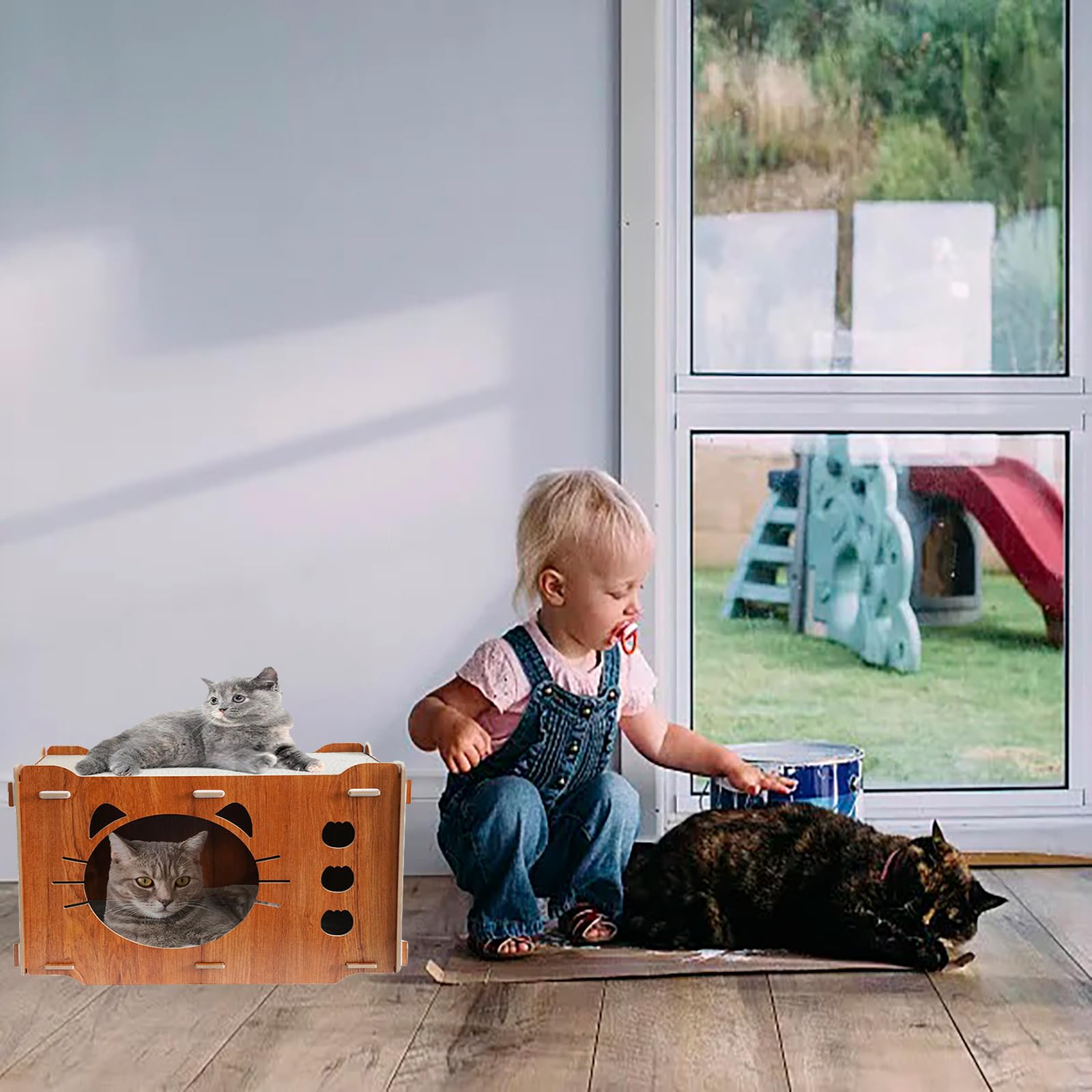 Cardboard Cat House With 2 Scratch Pads, Scratching Board, Lounge, Hotel for Indoor Cats - Suitable for Resting and Scratching