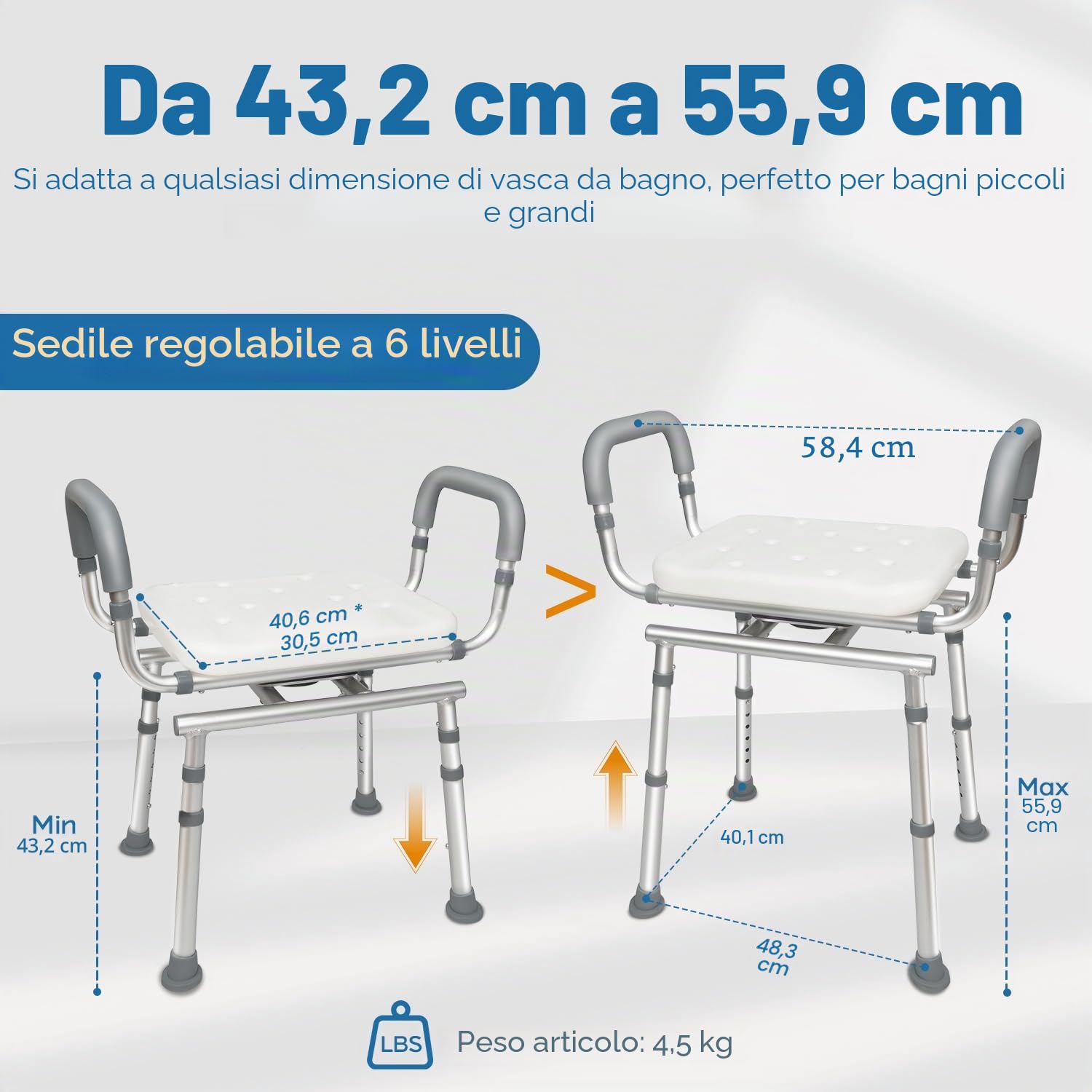 Agrish Sedia da Doccia Girevole a 360° con Braccioli Rimovibili | Altezza regolabile e struttura robusta fino a 159 kg; ideale per anziani e disabili, adatta a doccia e vasca