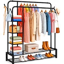 Heavy Duty Clothes Rail for Bedroom, Double Hanging Rail Metal Clothing Rail with 3 Side Shelves and 4 Coat Hooks, Freestanding Clothes Rack for Bedroom, Living Room 120kg Black