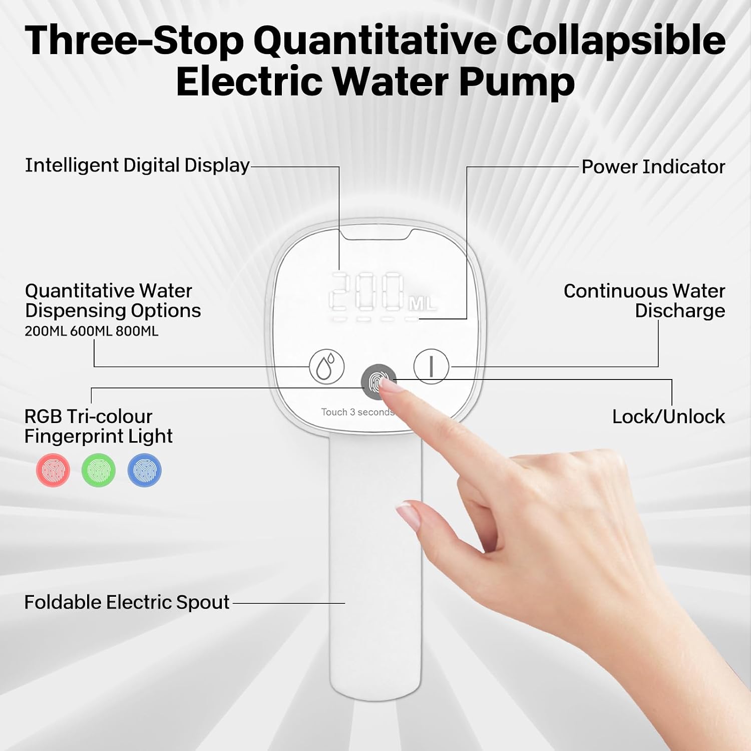Water Pump for 5 Gallon Bottle,Portable Electric Quantitative Drinking 5 Gallon Water Dispenser with Fingerprint Unlock,Foldable Spout,Smart LED Display, for Home,Camping