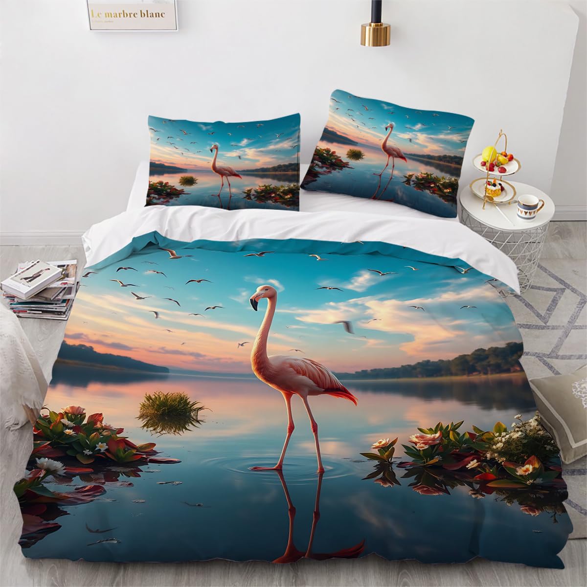 Housse de couette flamants 220x240 parure de lit 2 personnes douce