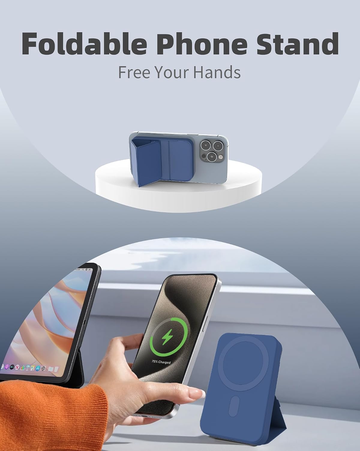 Image showing the power bank with its foldable stand deployed, supporting a smartphone.