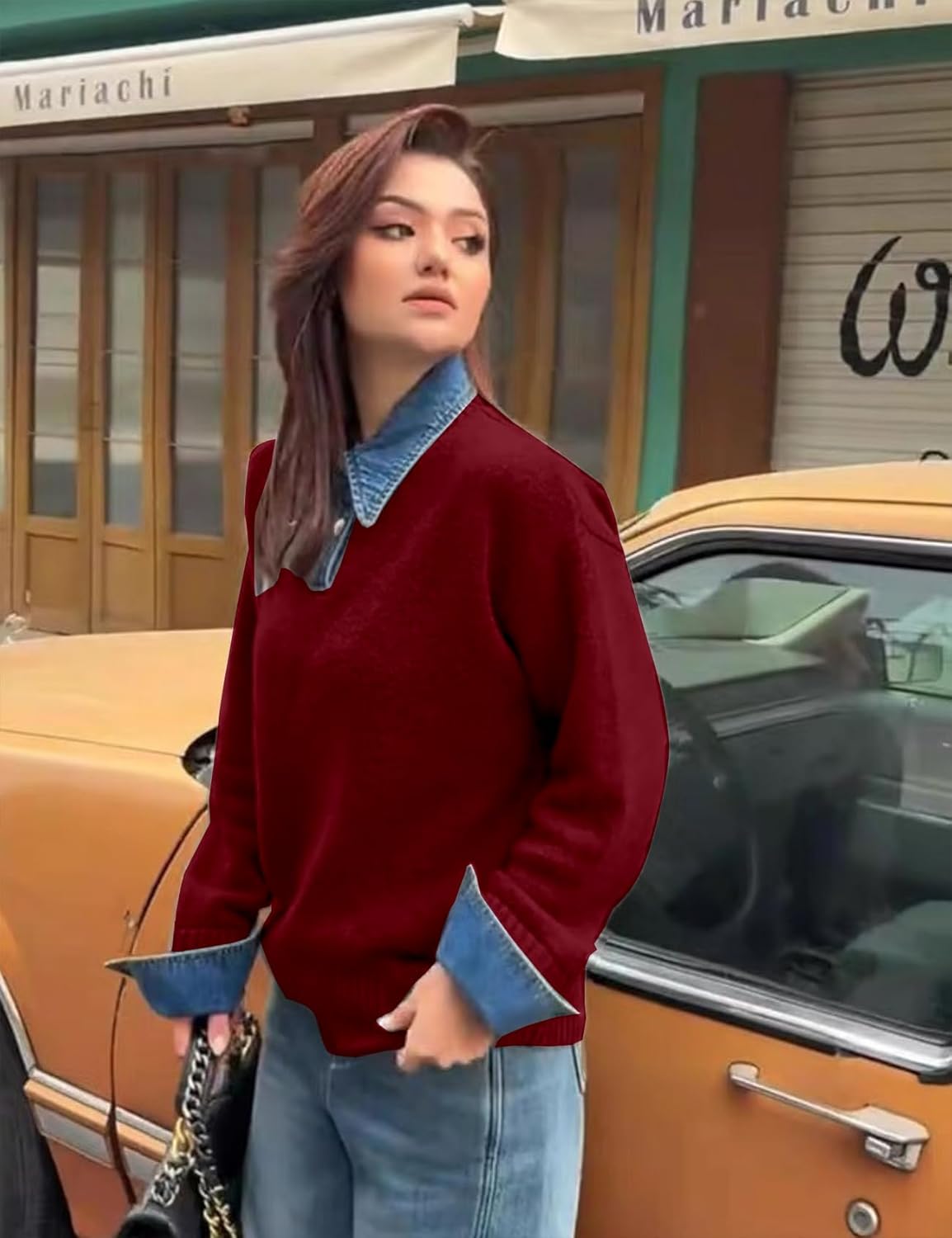 Womens Fall Oversized Long Sleeve Sweaters 2 in 1 Denim Panel Lapel Sweater Polo Knit Sweater Tops - Image 6