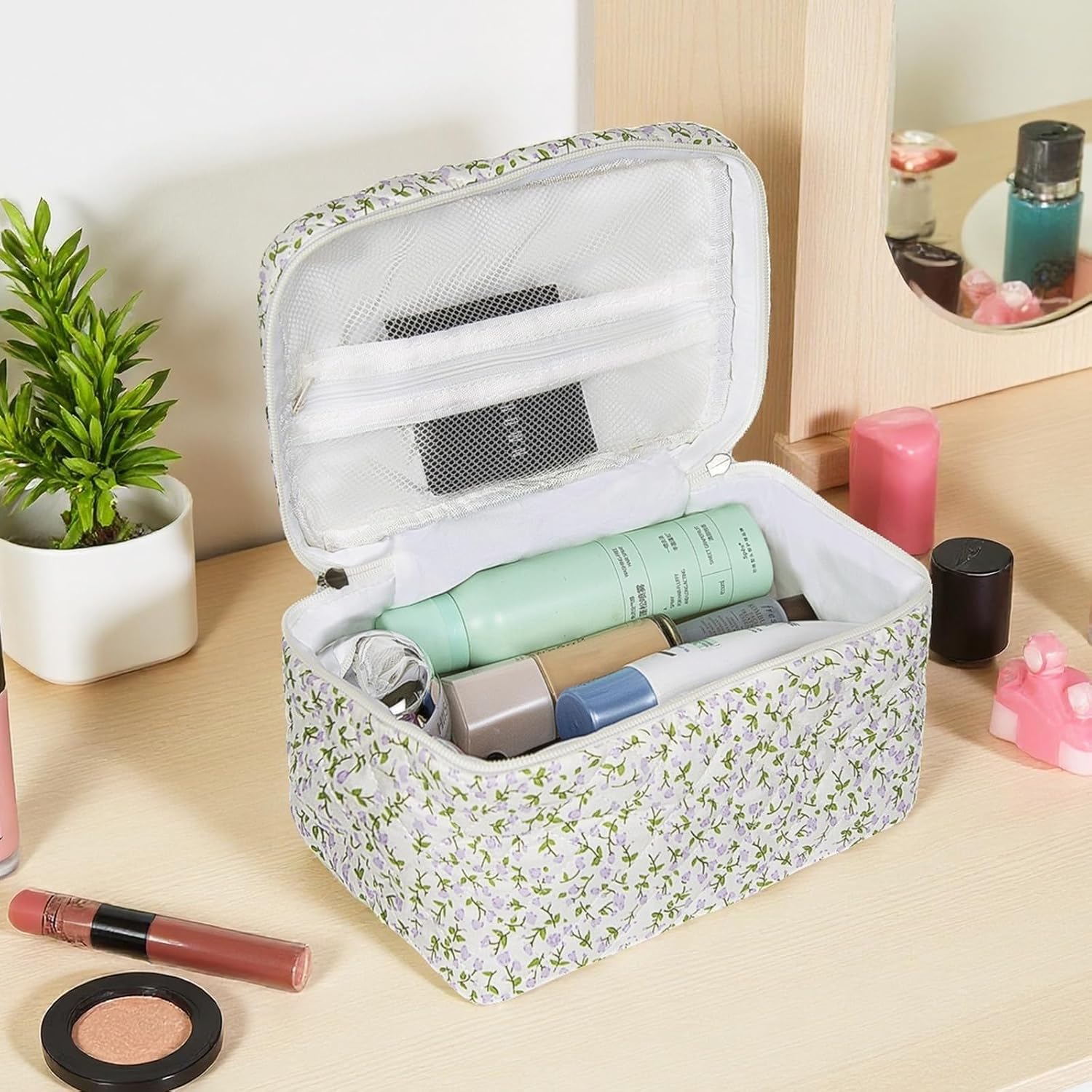 Gosect 1pc Large Makeup Bag, Cute Cosmetic Bag for Women Girls, Floral Coquette Aesthetic Toiletry Bag, Travel Make Up Organizer Bag (Purple Floral Print thumbnail