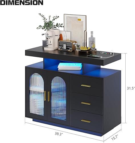 Miniatura 2 de Gurexl Gabinete de buffet LED de 40 pulgadas con estación de carga inalámbrica, sensor automático RGB de 20 colores regulable con inducción de Negro