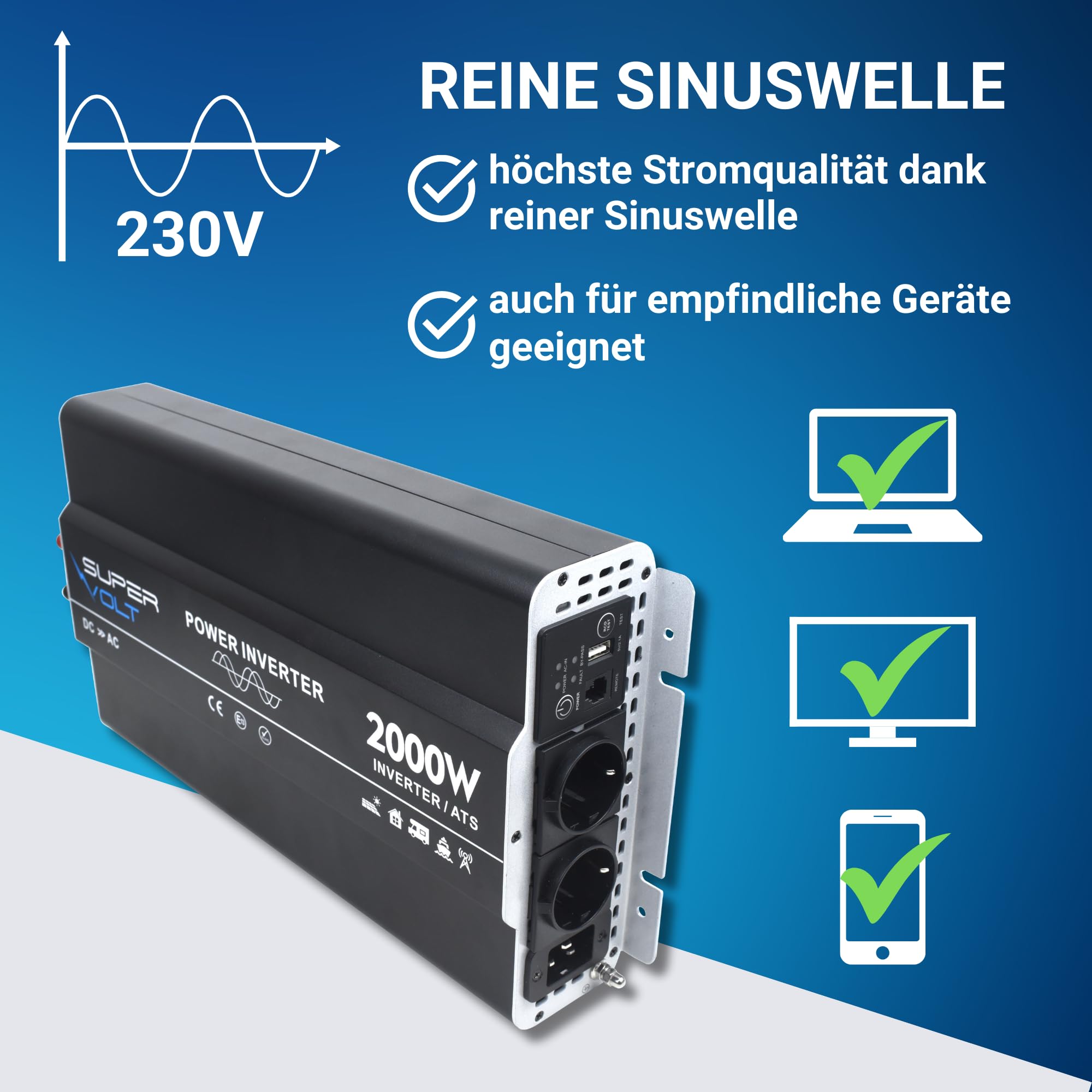 Wechselrichter 12V auf 230V 2000W Reiner Sinus mit Netzvorrangschaltung & FI-Schutz | Für empfindliche Geräte | Mit Fernbedienung, USB & Schuko-Dosen | Ideal für Wohnmobil, Boot, Offgrid