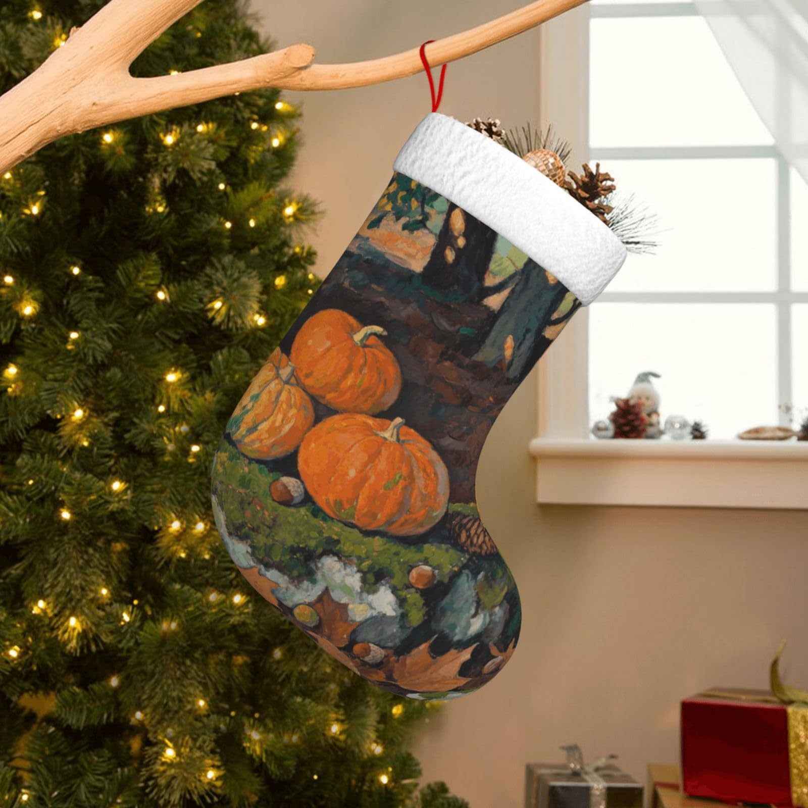 Velvet Christmas Stockings 17.7 Inch, Leaves Pumpkin Xmas Stocking with Soft Cuff,Classic Personalized Christmas Tree Decoration for Family Holiday New Year Party Supplies