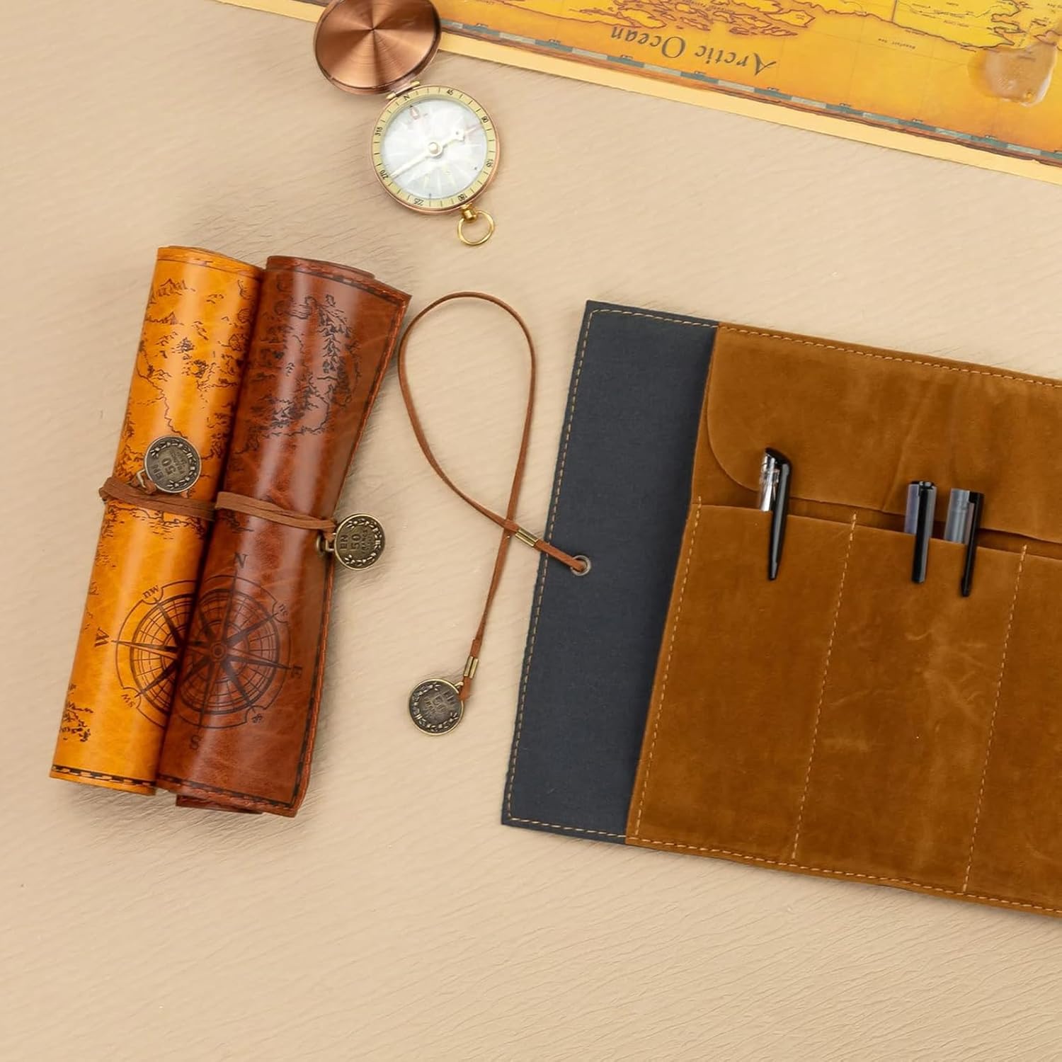 4 Pieces Leather Pencil Case, Creative Map Rollup Pencil Bag, Vintage Makeup Brush Pouch, Brown PU Matte Smooth Cover Storage Pouch Holder Organizer - Image 4