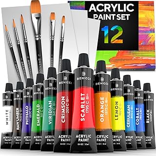 Acrylic Paint Set for Kids, Artists and Adults - 12 Vibrant Colors, 6 Brushes and 3 Paint Canvases - Perfect for Beginners...