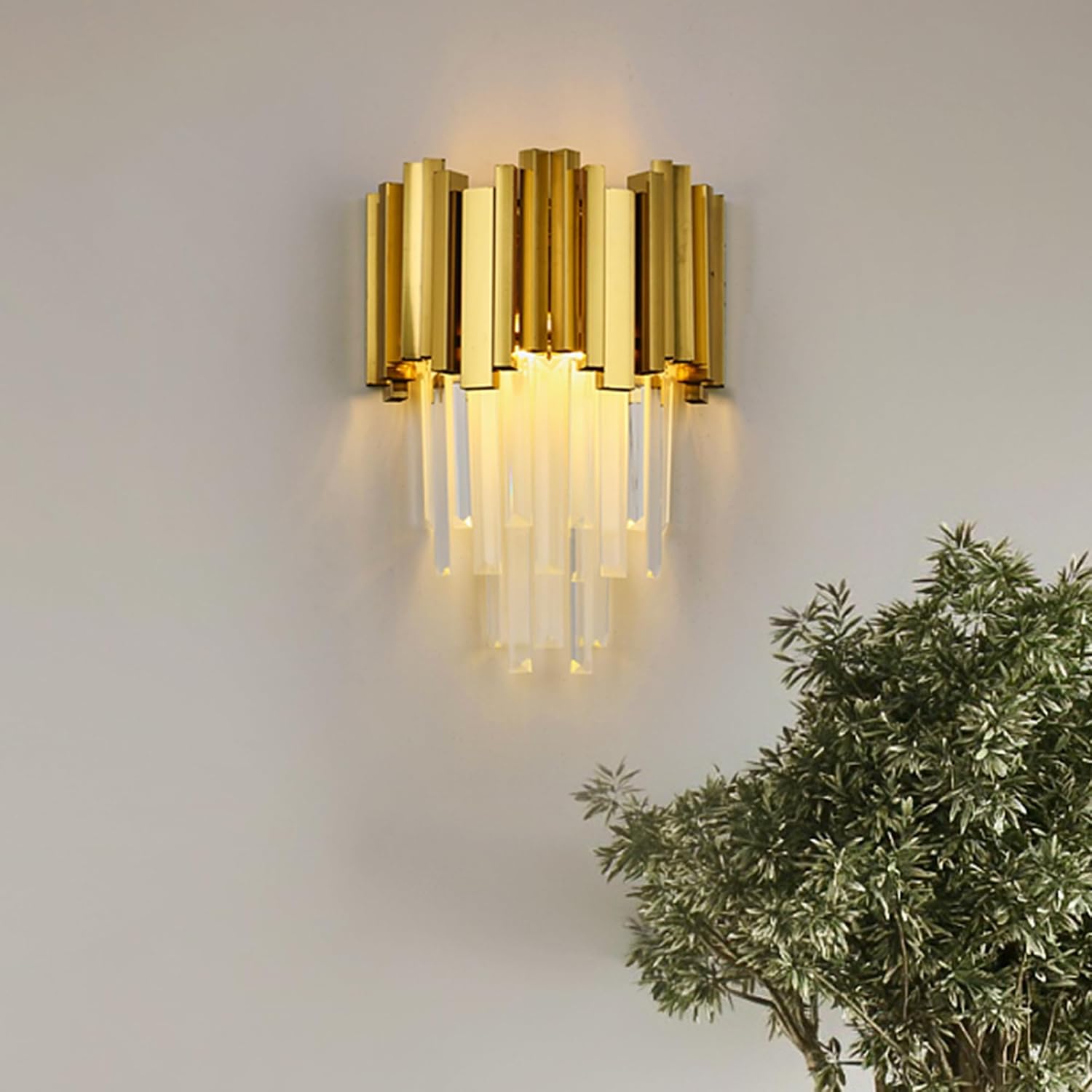 WABON Crystal Wall Sconce, Gold Sconces Light, Crystal Vanity Wall Mount Lamps for Living Room Bedroom Bathroom Hallway, Antique Gold