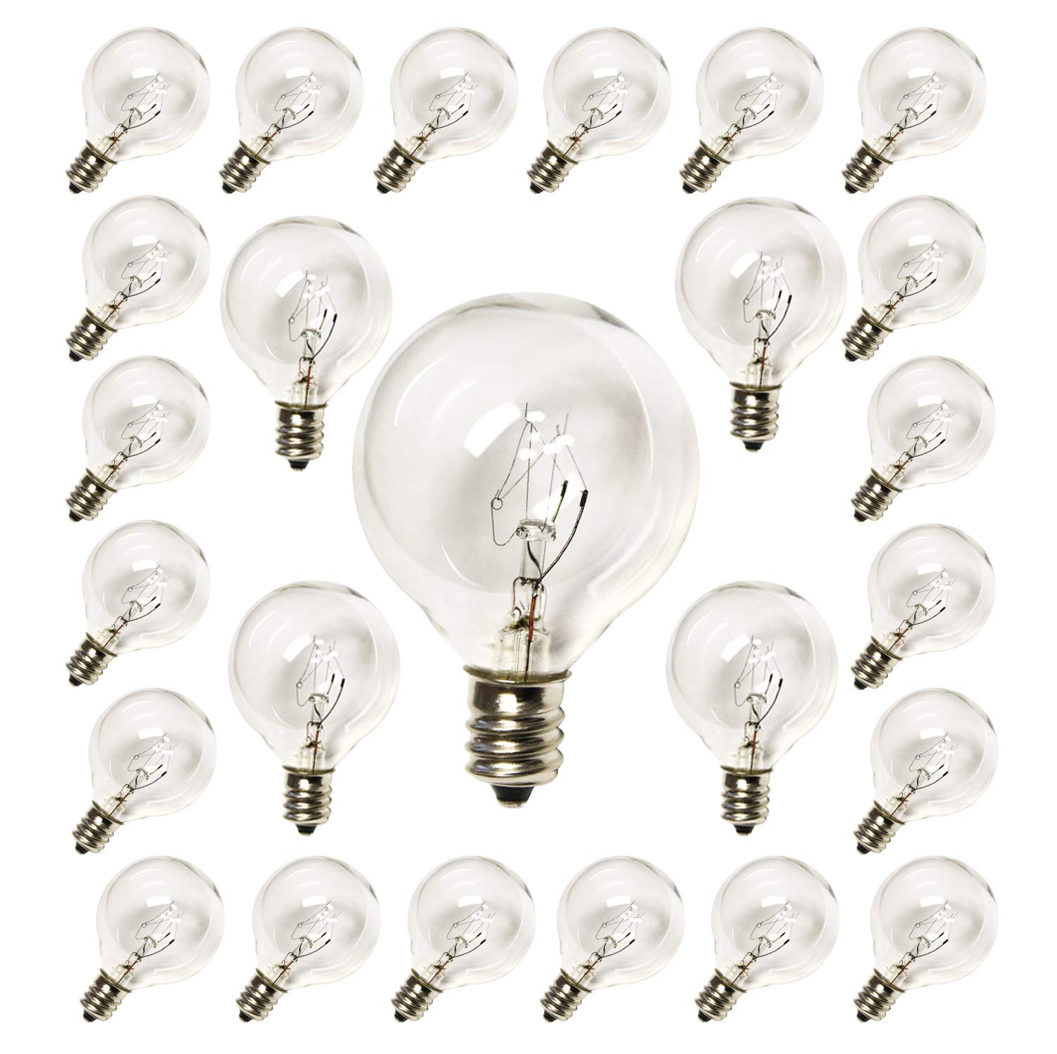 SUNSGNE 25 Pack G40 Replacement Bulbs 5W Clear Globe Bulbs 1.5-Inch String Light Replacement Bulbs for Indoor Outdoor Patio Decor- Fits E12/C7 Candelabra Screw Base Sockets, Warm White