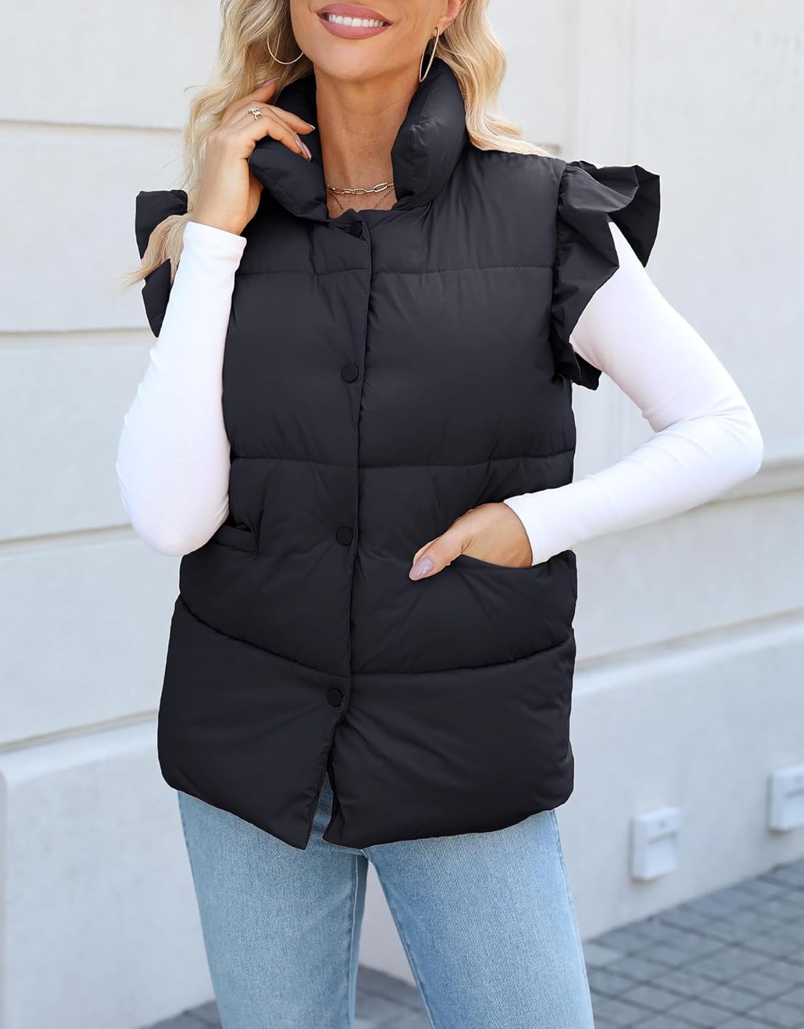Kedera Womens Christmas Plaid Puffer Vests Ruffle Sleeveless Lightweight Quilted Vest Fall Winter Padded Gilets Coats - Image 3