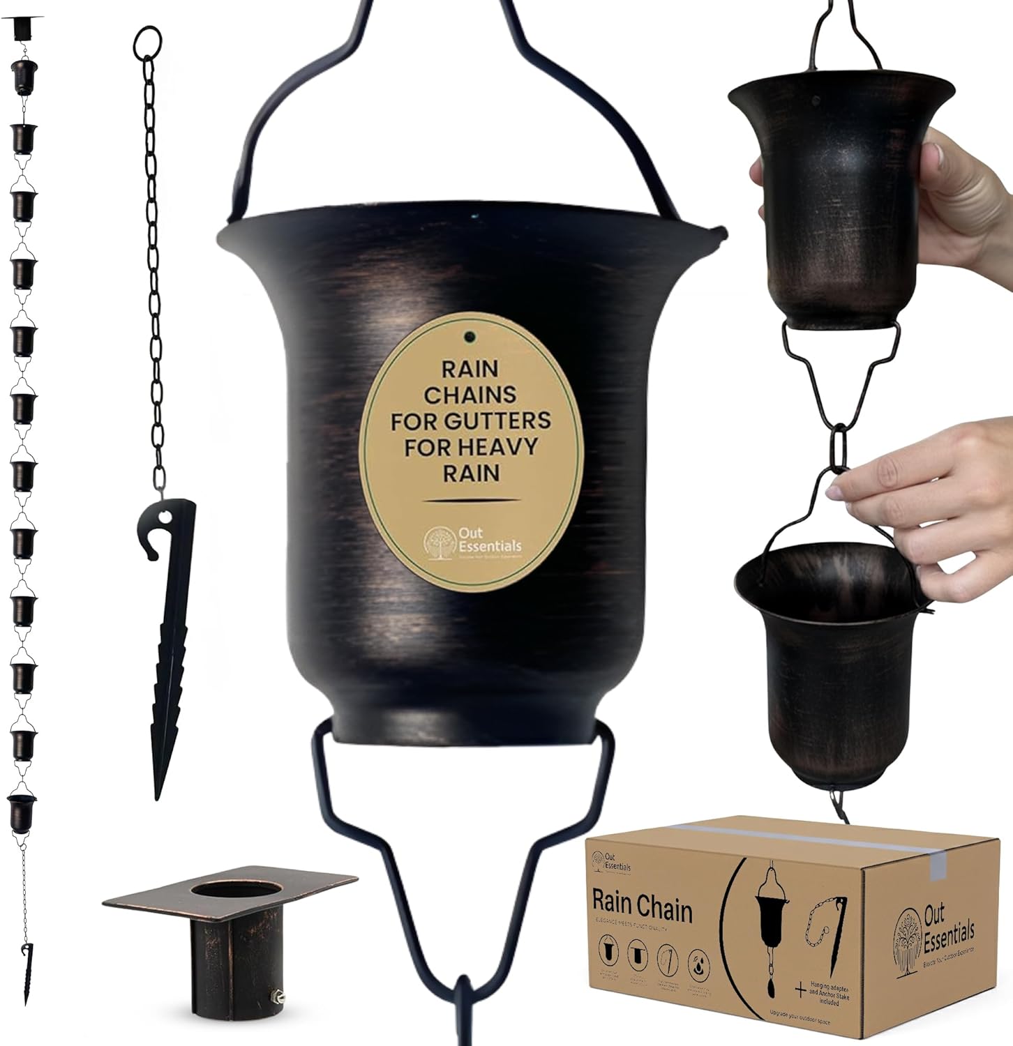 Copper Rain Chain 9 FT, 11 FT Installed with Anchor Stake and Gutter Adapter, Durable Heavy Duty Rain Chains for Gutters for Heavy Rain, Rust Resistant, Outdoor Decor for Homeowners