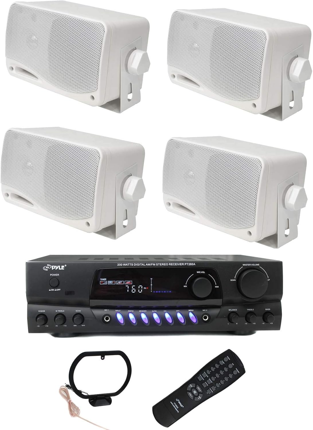PYLE PLMR24 3.5″ 200W Outdoor Speakers 4 Pack with 100 Watt RMS Power, 4 Ohm impedance and PT260A 200W Stereo Theater Receiver 110V with 3 RCA inputs