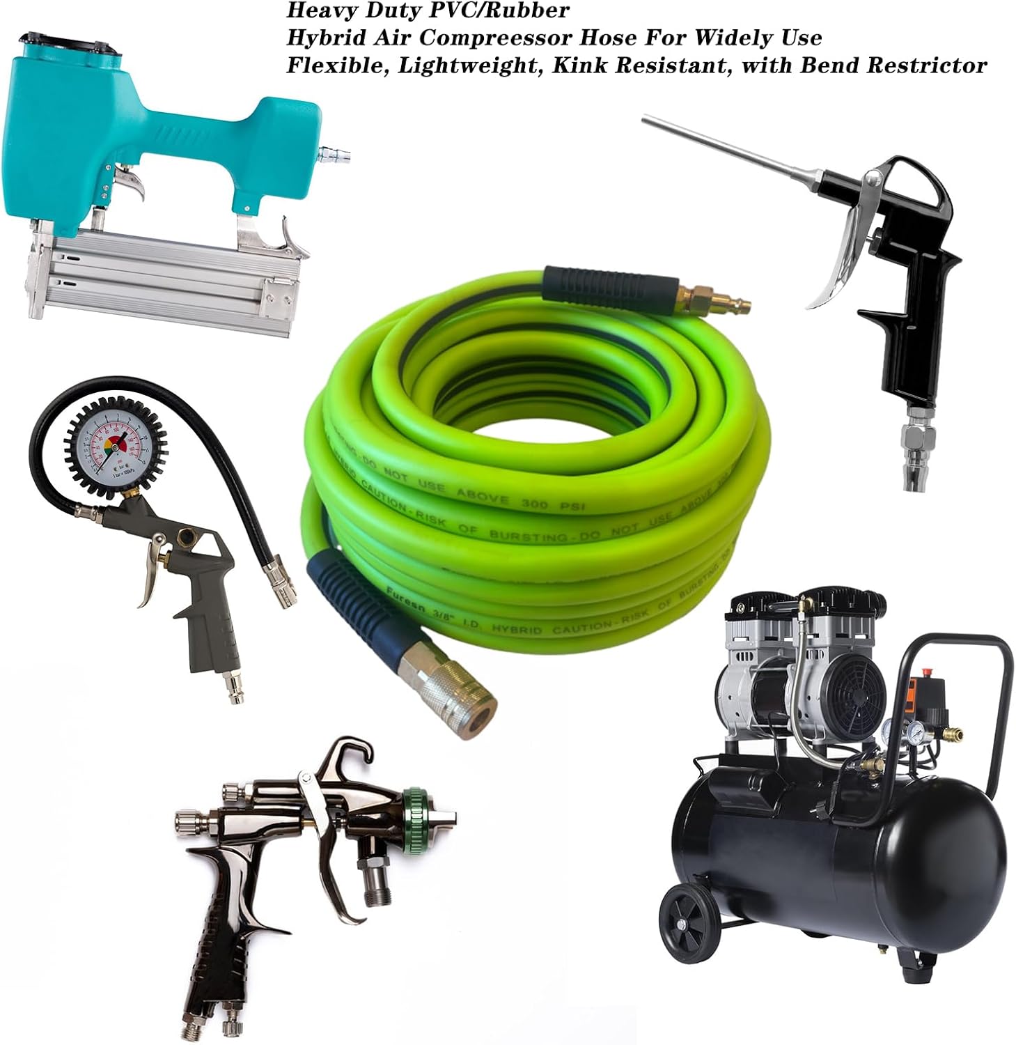 Air Hose 3/8 in x 50 ft, Heavy Duty, Lightweight, Kink Resistant, Hybrid Air Compressor Hose with 1/4 in Solid Brass Male Fittings, Bend Restrictors, 300 PSI (50FT, Green Black)