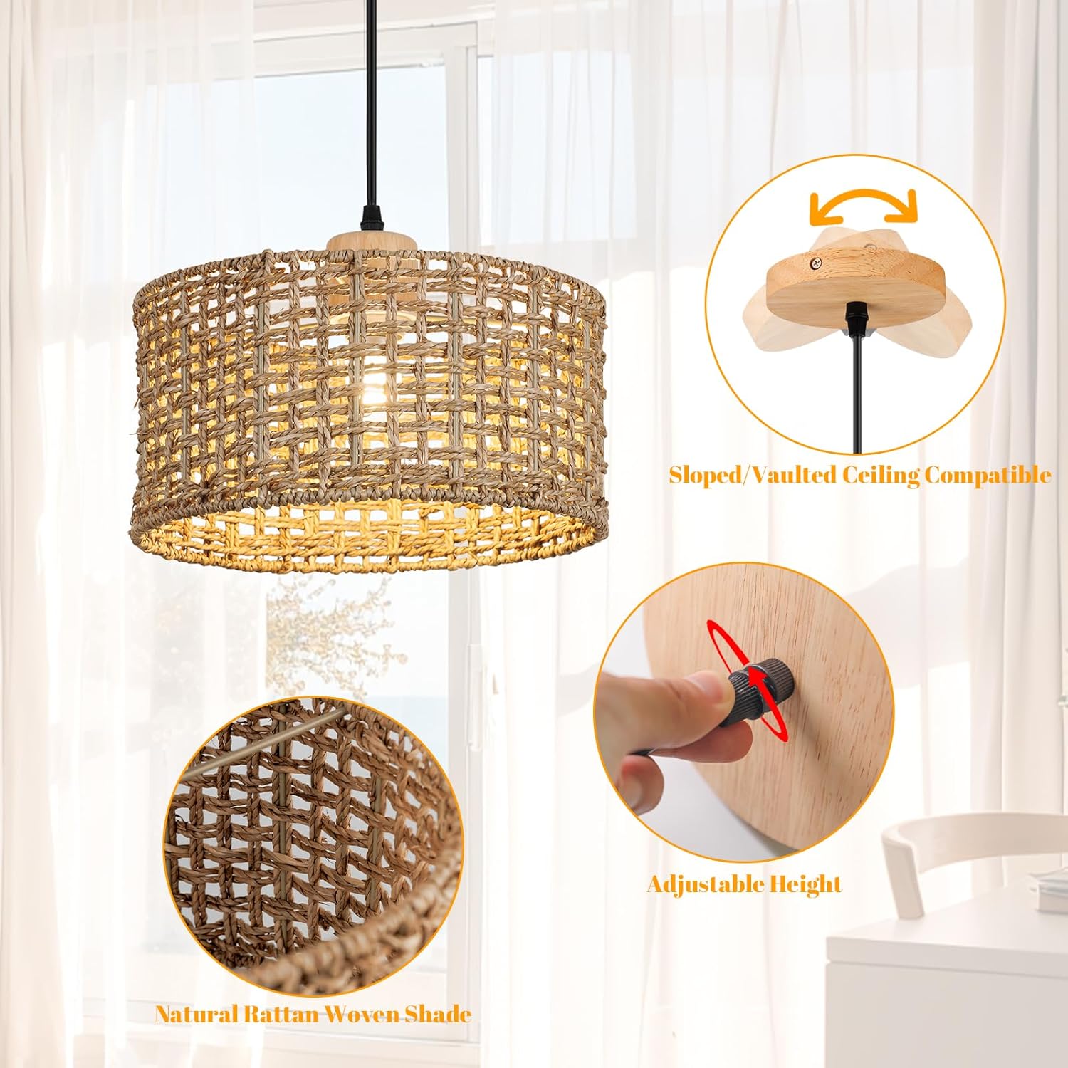 Boho Rattan Pendant Light 11.8" Hand Woven Wicker Hanging Lighting Fixture Farmhouse Ceiling Coastal Basket Hanging Lamp for Bedroom Kitchen Island, Living Dining Room - 2 Pack