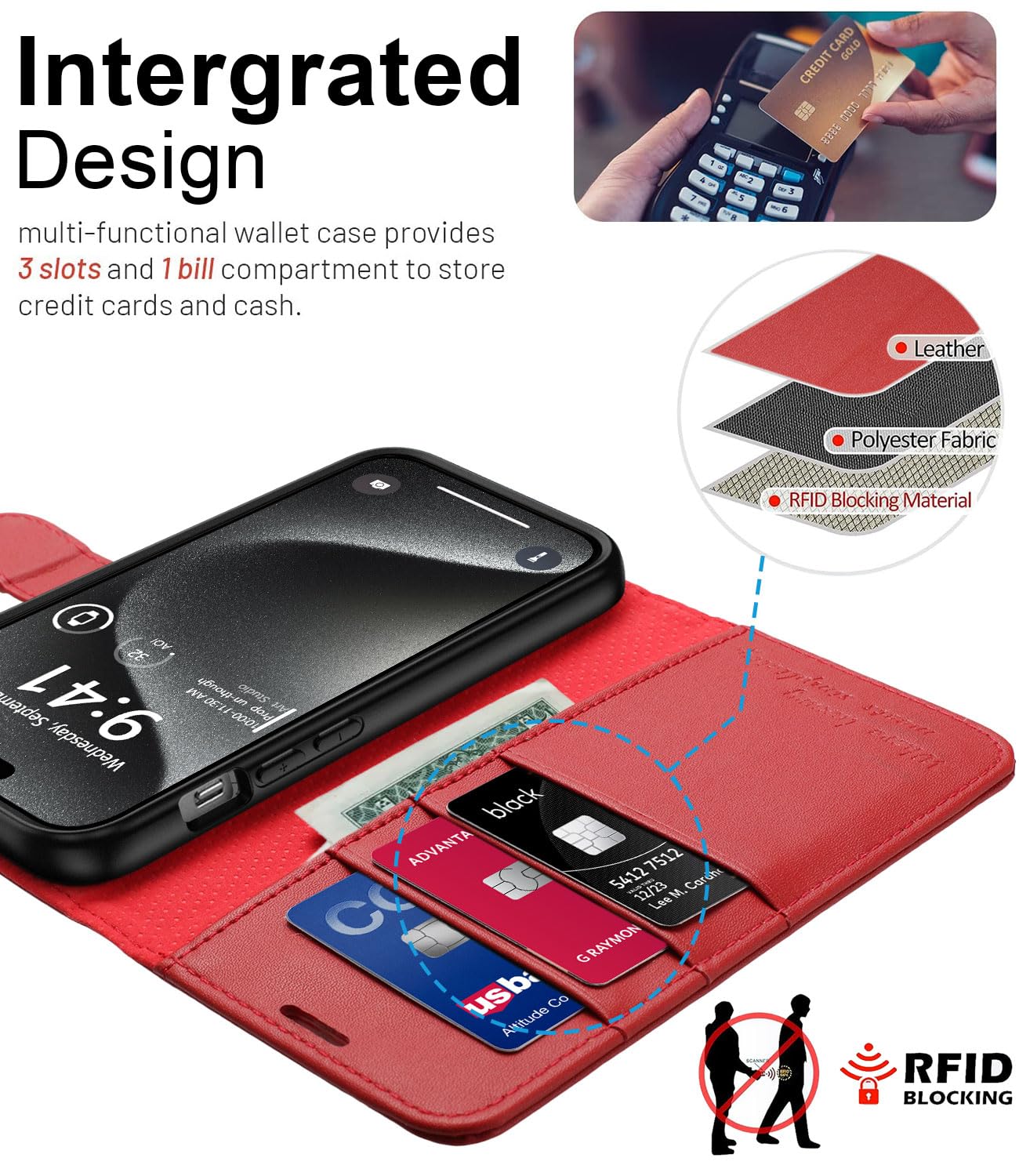 Echtleder-Klapphülle Für IPhone 15 Pro Max – Mit 3 Kartenfächern, RFID-Schutz & Panzerglas
