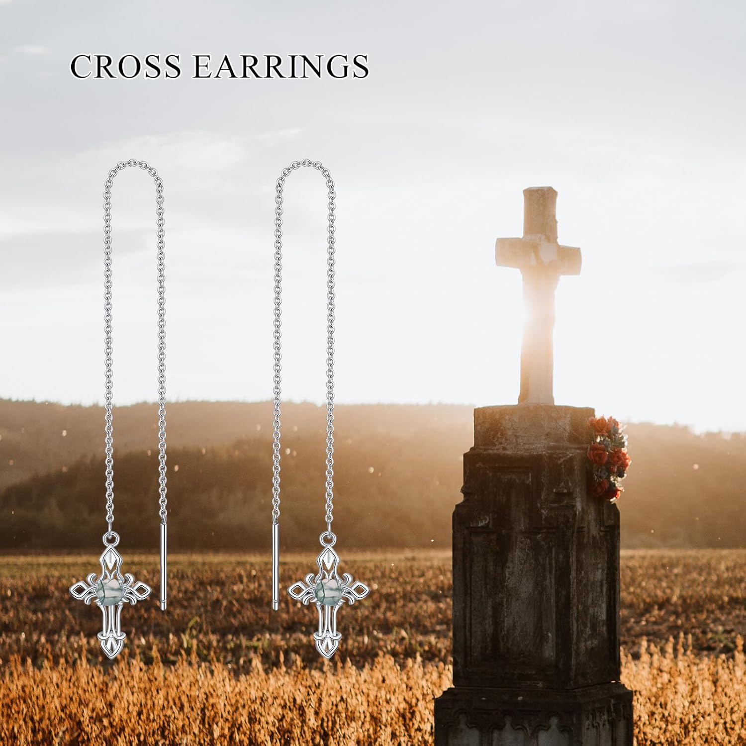 Cross Birthstone Threader Earrings 925 Sterling Silver Gemstone with Cross Christian Long Chain Ear Line Jewelry for Women Gifts - Image 6