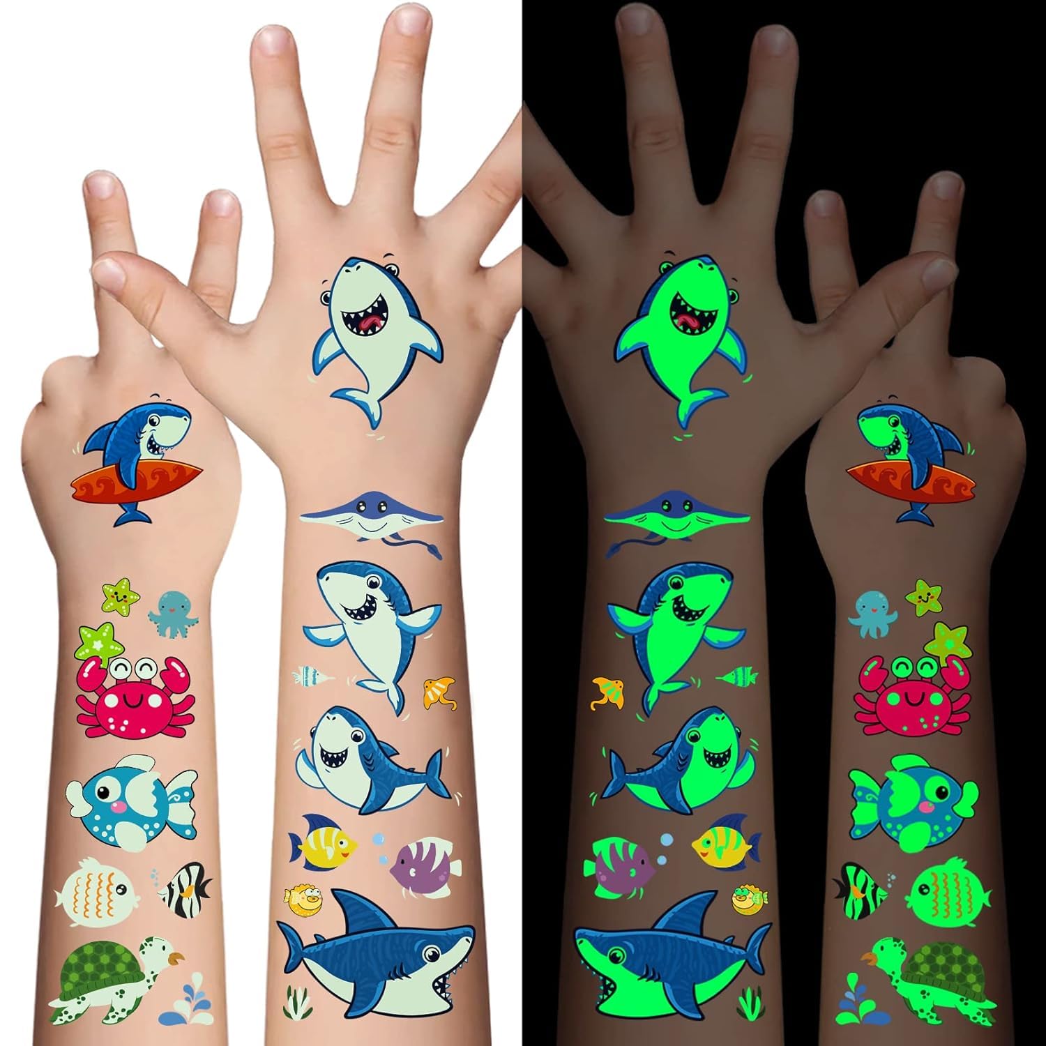10 Sheets Luminous Temporary Tattoos 130Pcs Marine Animal Ocean Theme Glow In The Dark Tattoos for Boys Girls Kids Child Face Makeup Fake Tattoos Holiday Party Favors Gifts (Luminous Sea Animals)