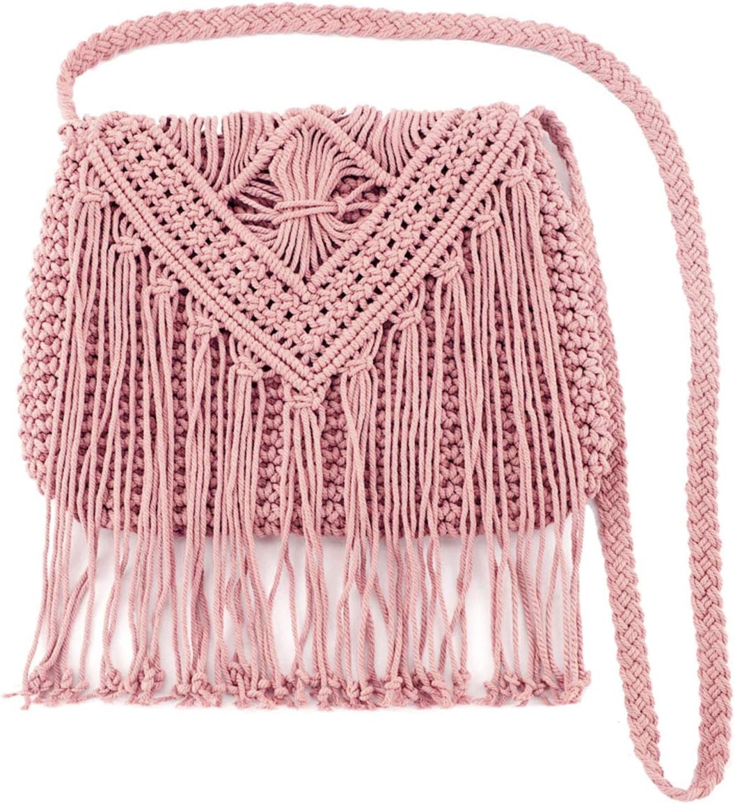 Mily Fashion Women Girls Fringed Crochet Shoulder Bag Hollow Out Woven Tassel Bag Bohemian Beach Cross Body Bag