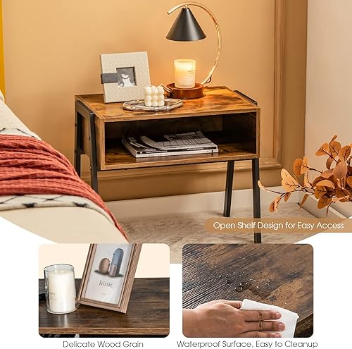 Miniatura 6 de Giantex Juego de 2 mesitas de noche, mesa auxiliar apilable con compartimento de almacenamiento abierto, mesitas de noche industriales con marco de