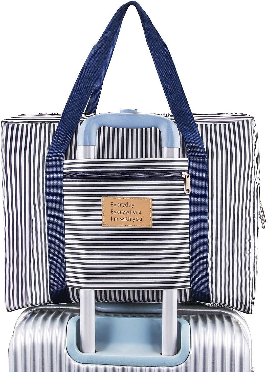 Foldable Travel Duffel Bag with Trolley Sleeve, Large Capacity Luggage Storage Bag, Waterproof Carry-On Tote for Travel, Moving, Shopping, Dorm Storage, Striped Navy Blue-image-3