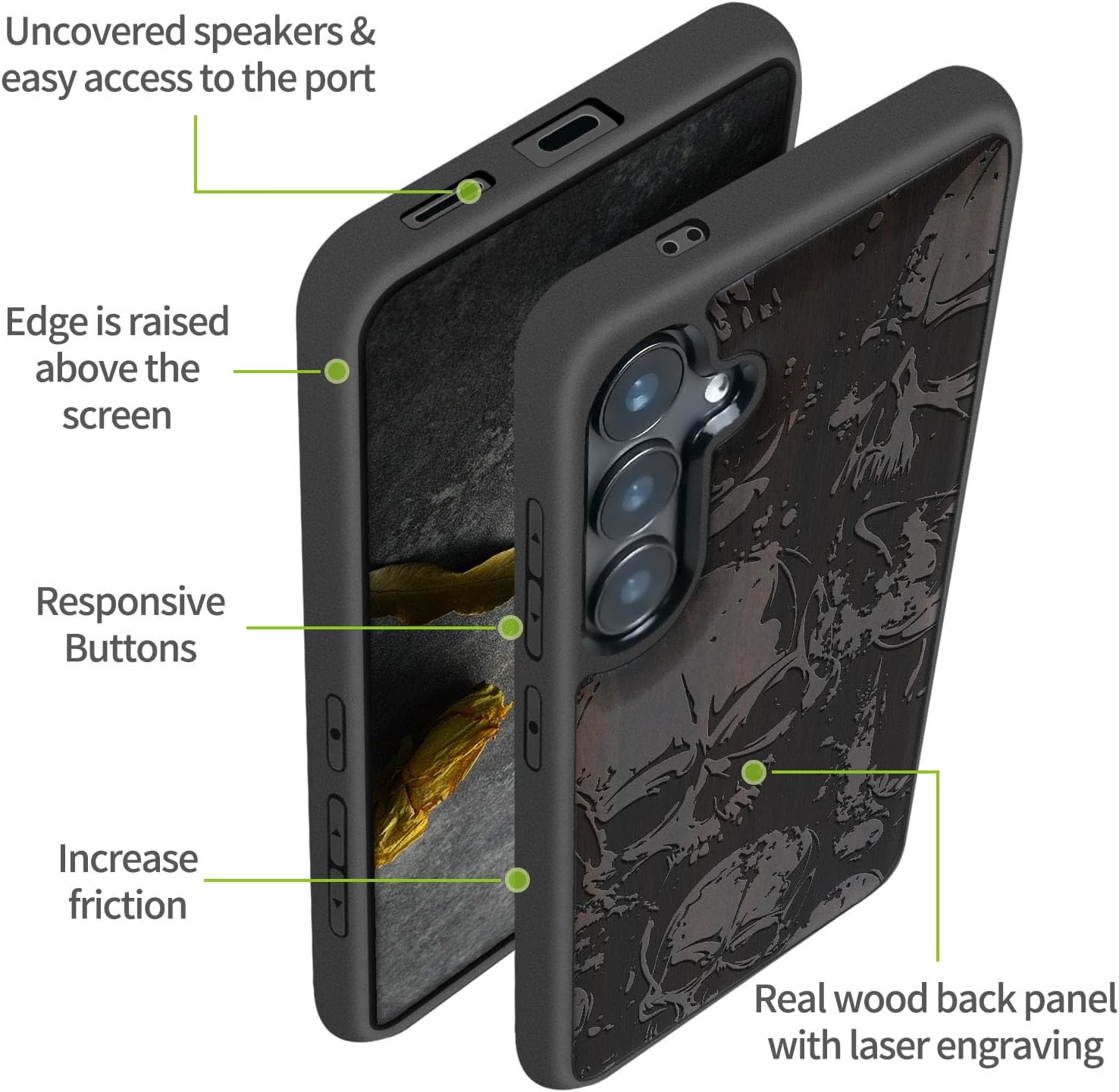 Carveit Magnetic Wooden Case for Galaxy S25+ Samsung S25 Plus Case, TPU Shockproof Cover & Wood Engraved, Compatible with MagSafe Wireless Chargers (Grunge Style Skull Pattern) Blackwood