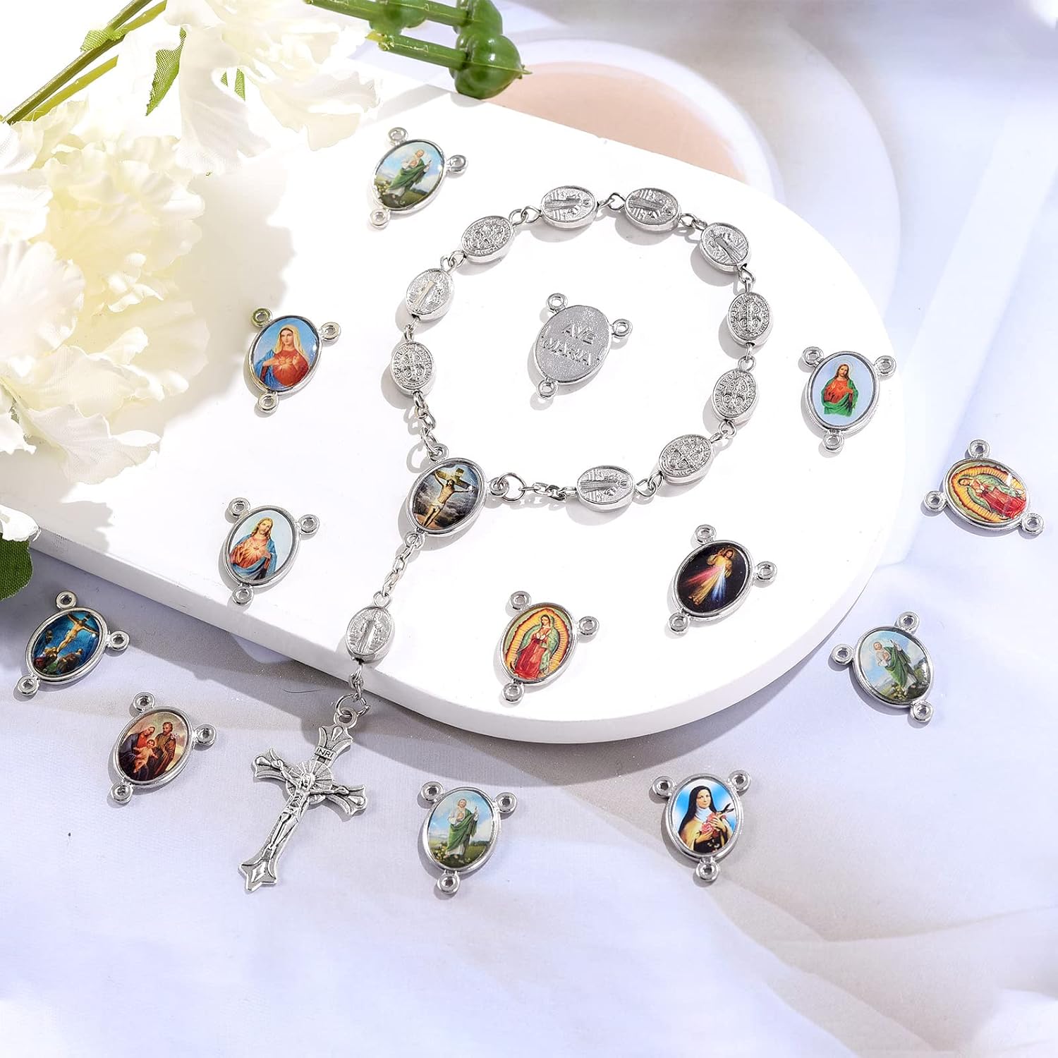 50Pcs Rosary Centerpiece Parts Virgen de Guadalupe Charms Alloy Picture Jesus Religion Enamel Oval Link Pendant for Diy Prayer Necklace Making Supplies - Image 4