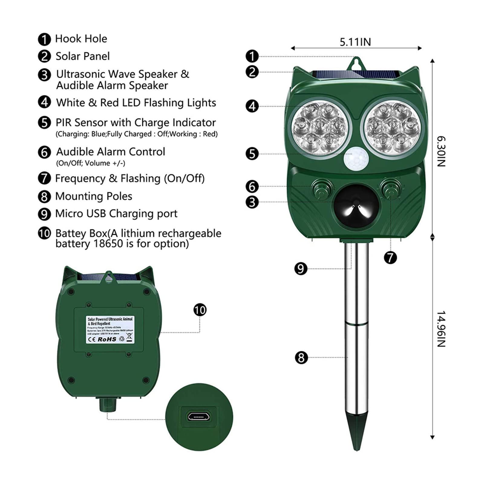 Outdoor Garden Solar Power ultradźwiękowy odstraszacz zwierząt IP66 ptak pies jeleń królik wiewiórka szop myszy chroń gospodarstwo,Green