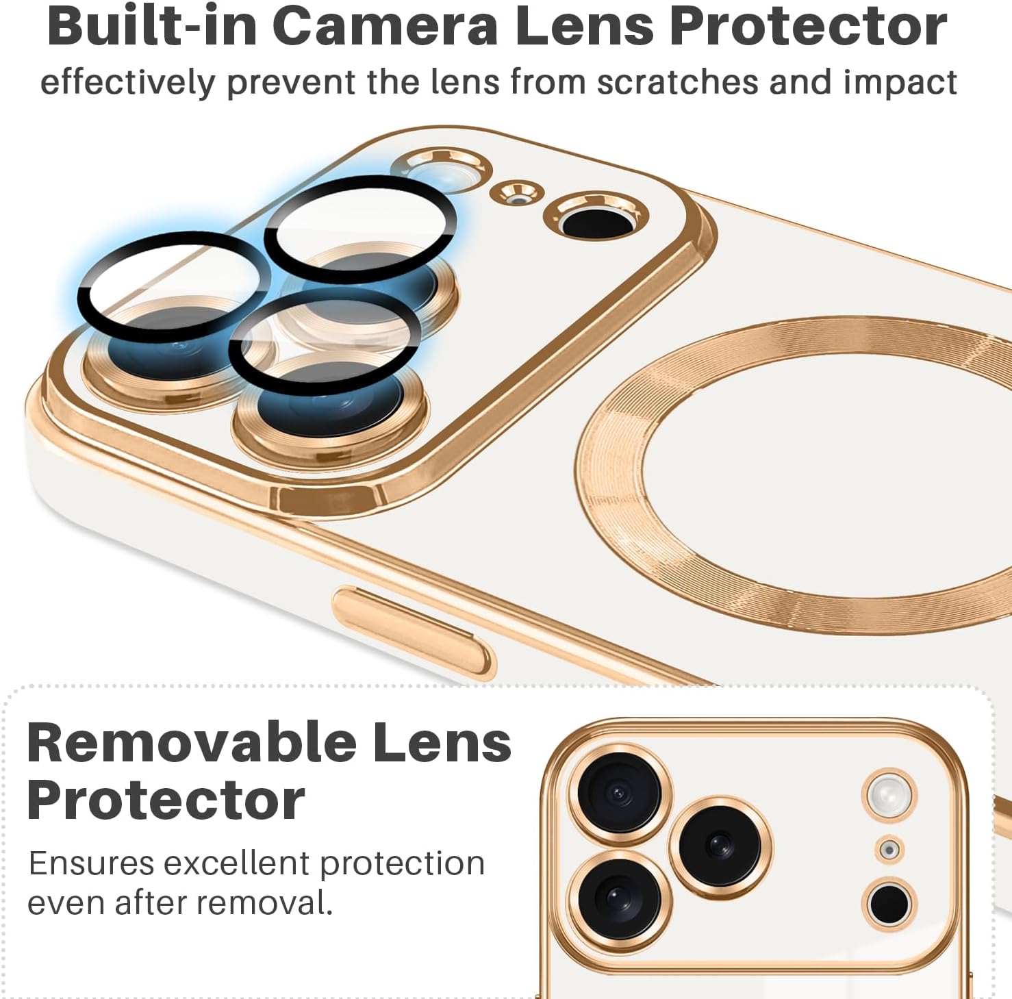 Dinick Designed for iPhone 17 Pro Max Case with Magnetic [Built-in Camera Cover] Compatible with MagSafe Soft TPU Glitter Cover Anti-Scratch Protective Slim for iPhone 17 Pro Max Case White and Gold - Image 3