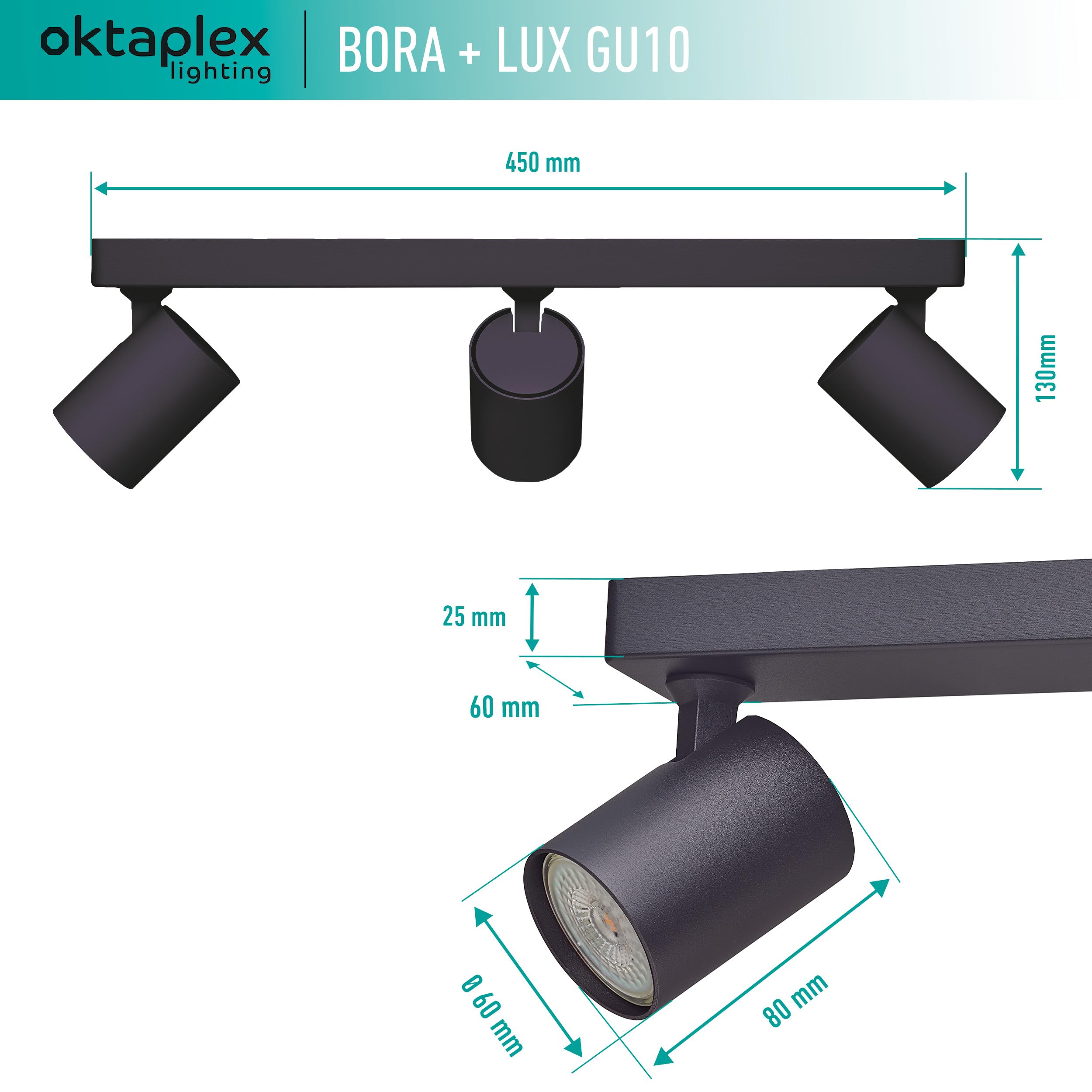 Oktaplex Bora Deckenstrahler 3-flammig schwarz inkl. Leuchtmittel | 3-Stufen dimmbar GU10 400lm 2700K warmweiß 4,8W 230V - Spotbalken