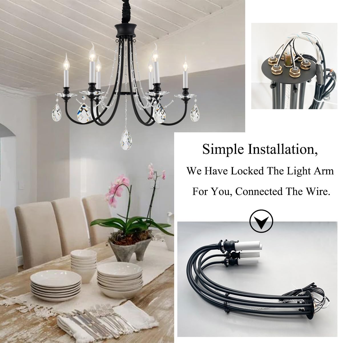 6-Light Black Crystal Chandelier, Farmhouse Vintage French Country Chandelier with Crystal Accents for Dining Room, Bedroom, Foyer – Rustic Black Metal Chandelier with Adjustable Chain