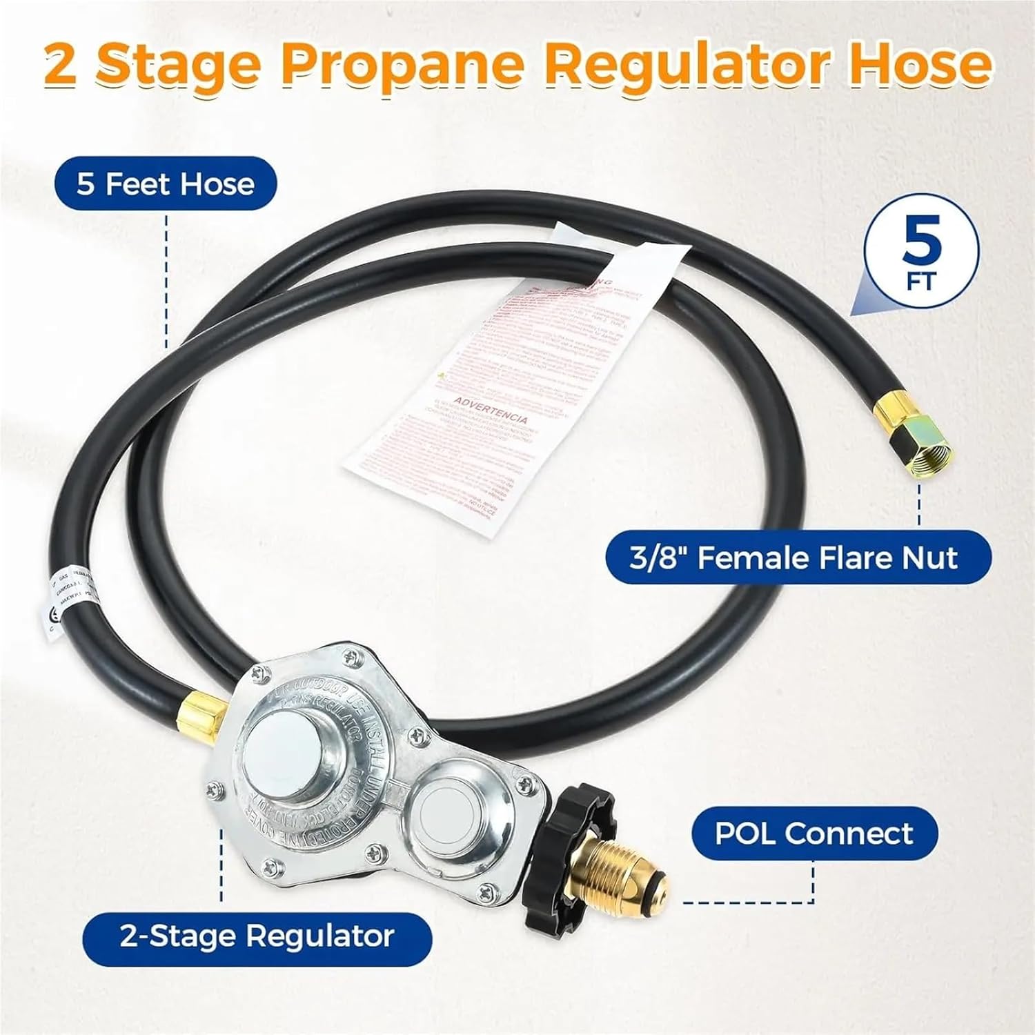 5Feet Hose with 2 Stage Propane Regulator Dual Stage Propane Regulator Hose with Standard POL Connection for Dual Fuel Generator