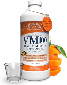 Buried Treasure VM100 Daily Liquid Multivitamin for Adults with Dose Cup, Measured Liquid Vitamins & Minerals with Antioxidants, Vegan, Sugar Free, Orange Zest, 32 Servings