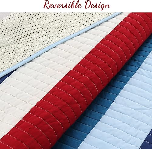 Miniatura 5 de Cozy Line Home Fashions - Juego de ropa de cama Aaron, colcha reversible con rayas náuticas azul marino, rojo y blanco, 100% algodón, juego de ropa