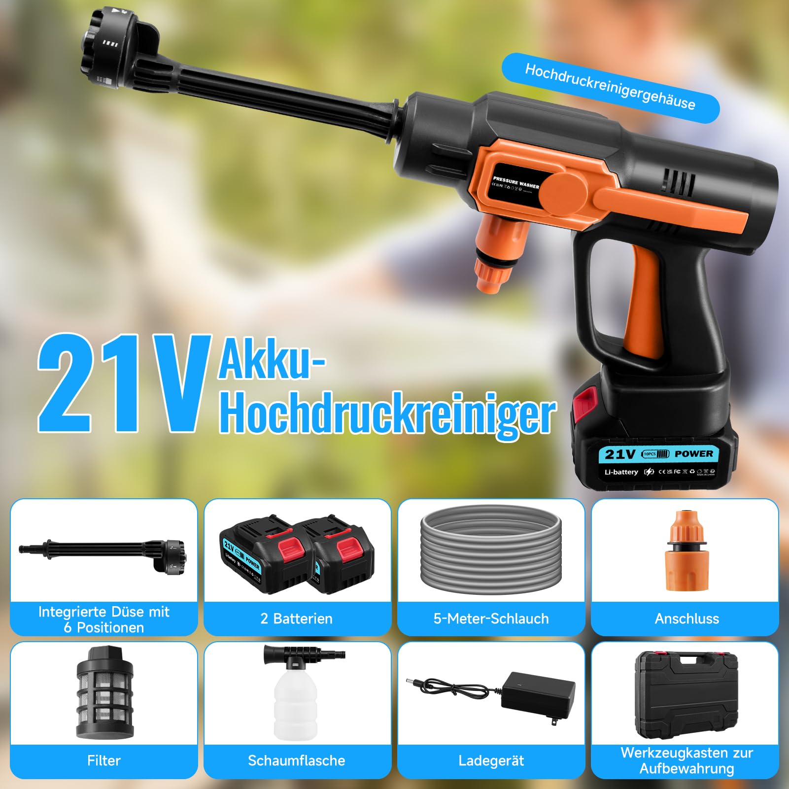Limpiador de alta presión con batería, 21 V, portátil, 120 bar, limpiador de alta presión inalámbrico con 2 baterías de 3,0 Ah, boquilla multifunción, manguera de 5 m, limpieza de coches, jardines y