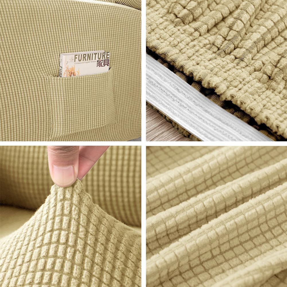 vctops 1 Piece Stretch Jacquard Recliner Chair Cover with Pockets Soft Solid Anti-Slip Recliner Slipcover with Elastic Bottom, Beige Yellow