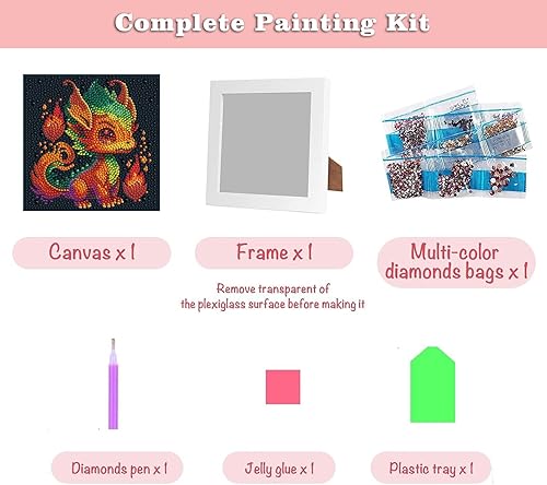 Miniatura 4 de Meothan Kit de pintura de diamante 5D para niños con marco de madera, fácil pintura de diamantes de dragón pequeño, juego de pintura de gemas