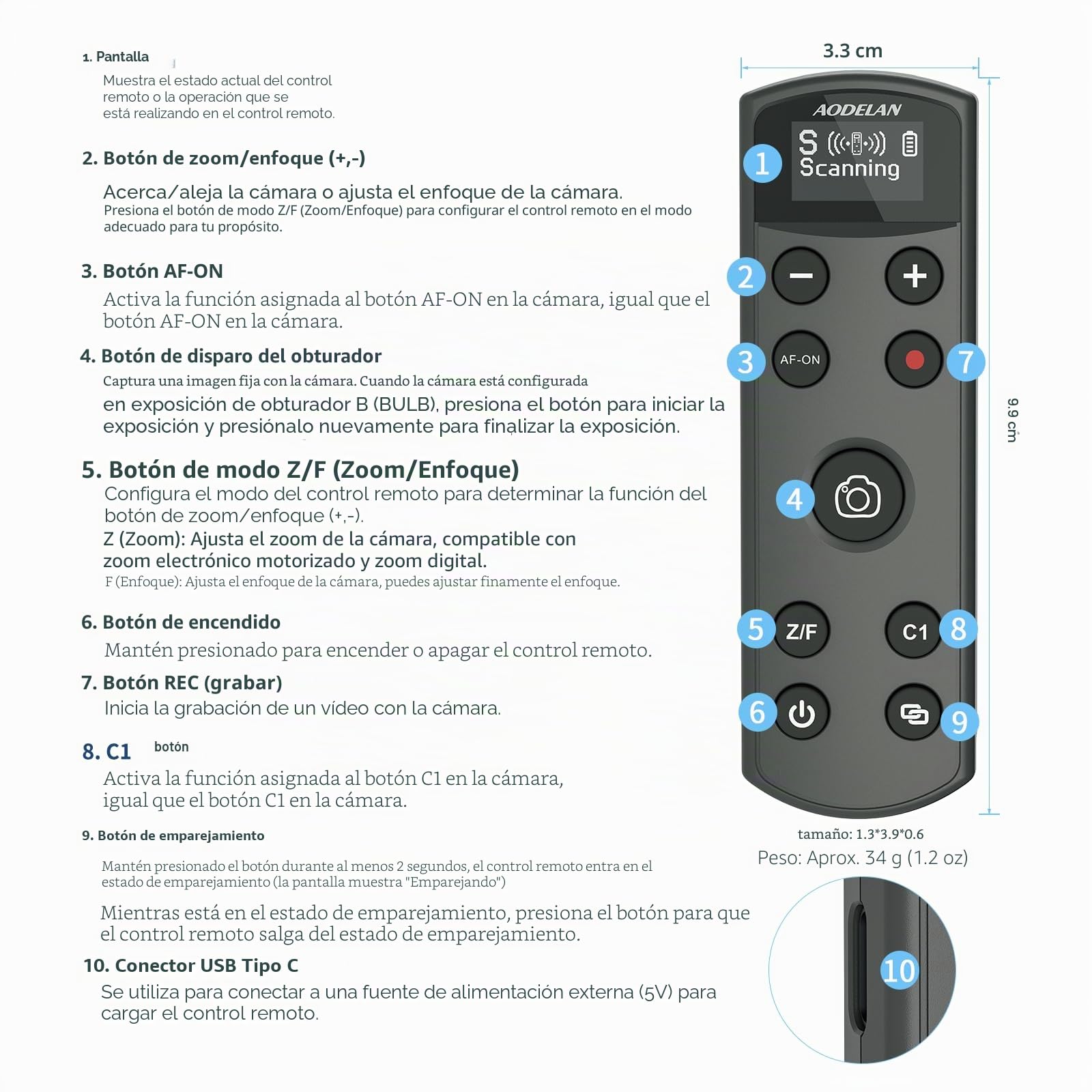 AODELAN - Disparador de cámara recargable para Sony, mando a distancia inalámbrico, zoom y registro de enfoque, compatible con Sony ZV-E10, ZV-1F, ZV-1, A6400, A6700, A7C, A7III, A9, A9 II, DSC-RX0 II | Compatible con Sony ZV-E10, ZV-1F, ZV-1, A6400, A670