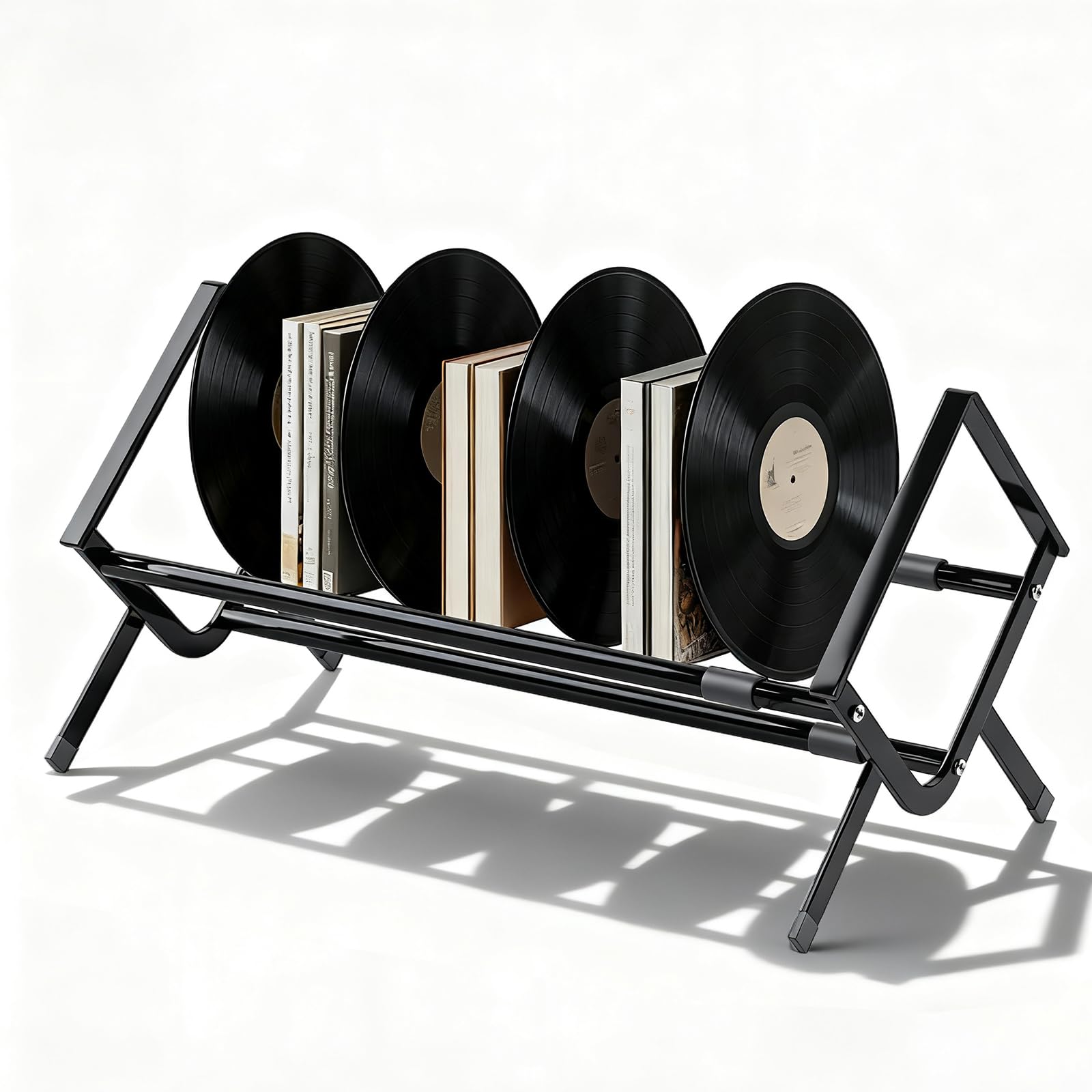 Soporte para discos de vinilo con diseño ajustable para almacenar equipos de audio y revistas